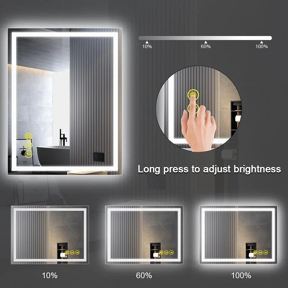 Rectangular LED mirror with brightness adjustment graphic and touch controls