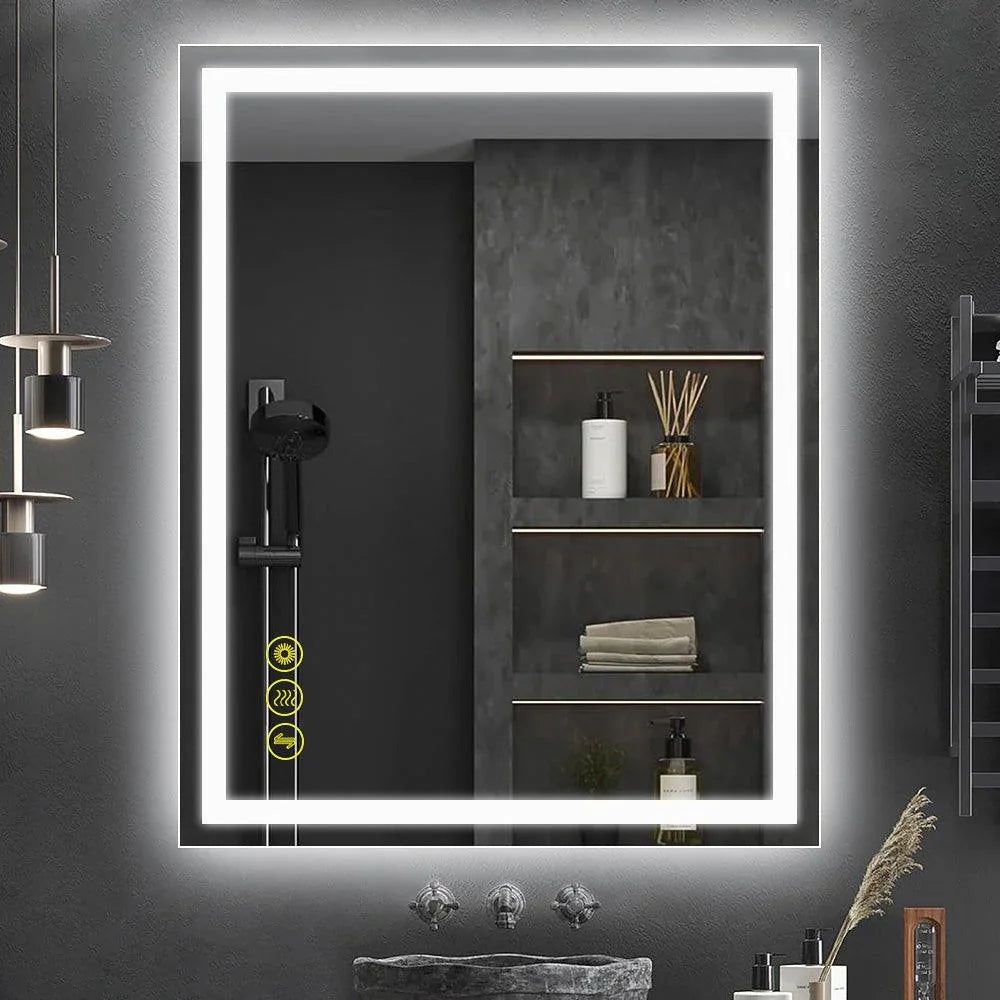 Rectangular backlit LED bathroom mirror with glowing white border