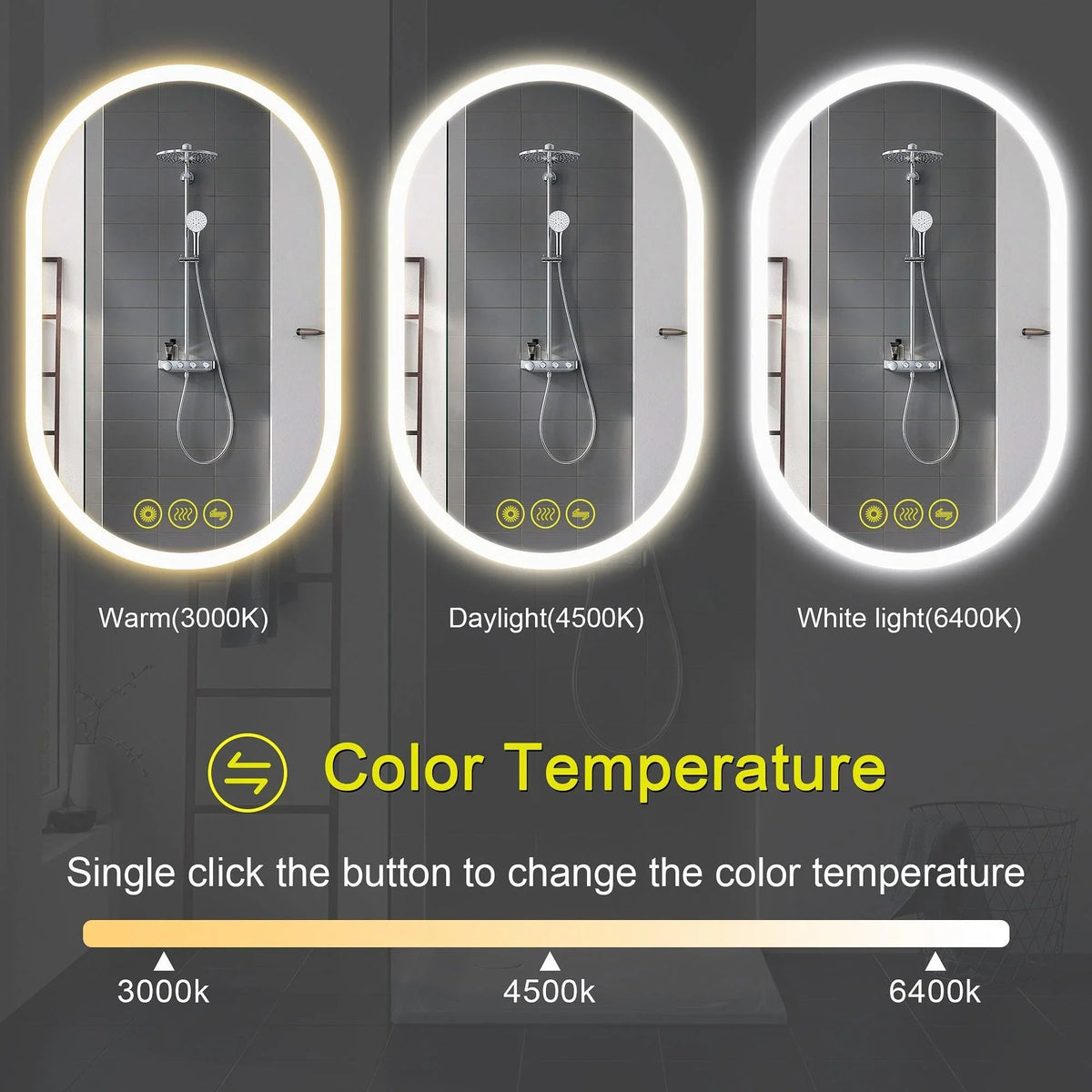 Three oval LED vanity mirrors showing warm, daylight, and cool white color temperatures