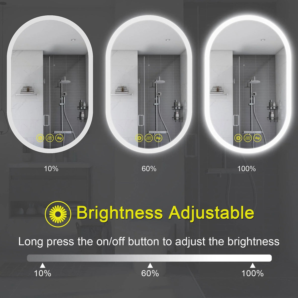 Three oval LED vanity mirrors demonstrating brightness levels: 10%, 60%, and 100%