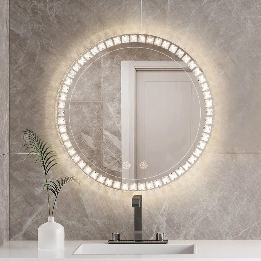 Round frameless LED bathroom vanity mirror with bright circular light border