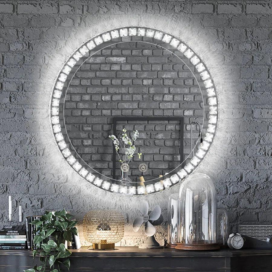 Round LED bathroom mirror with glowing bezel ring and frameless reflective surface