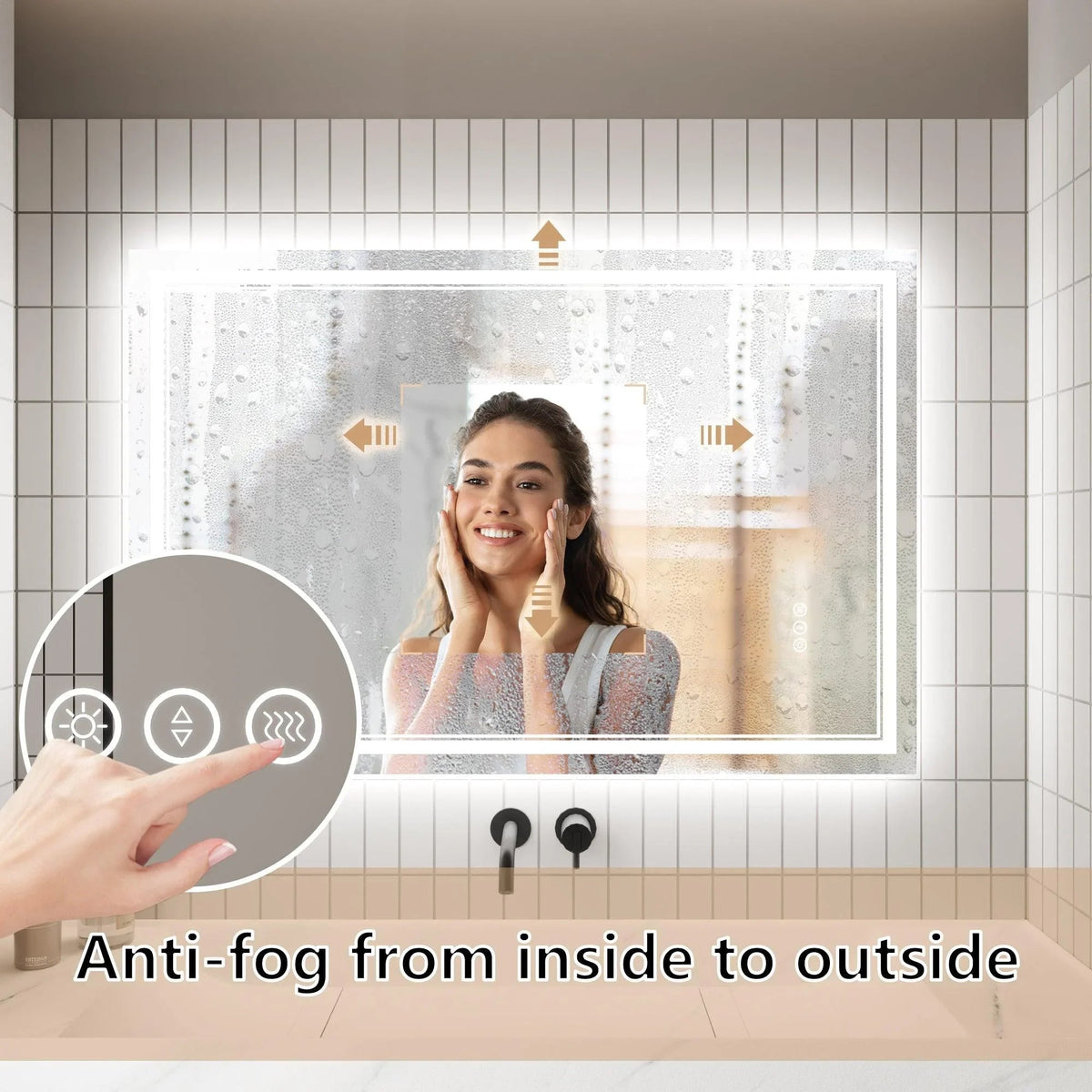 Backlit anti-fog bathroom mirror with touch icons and hand-activated dimming controls