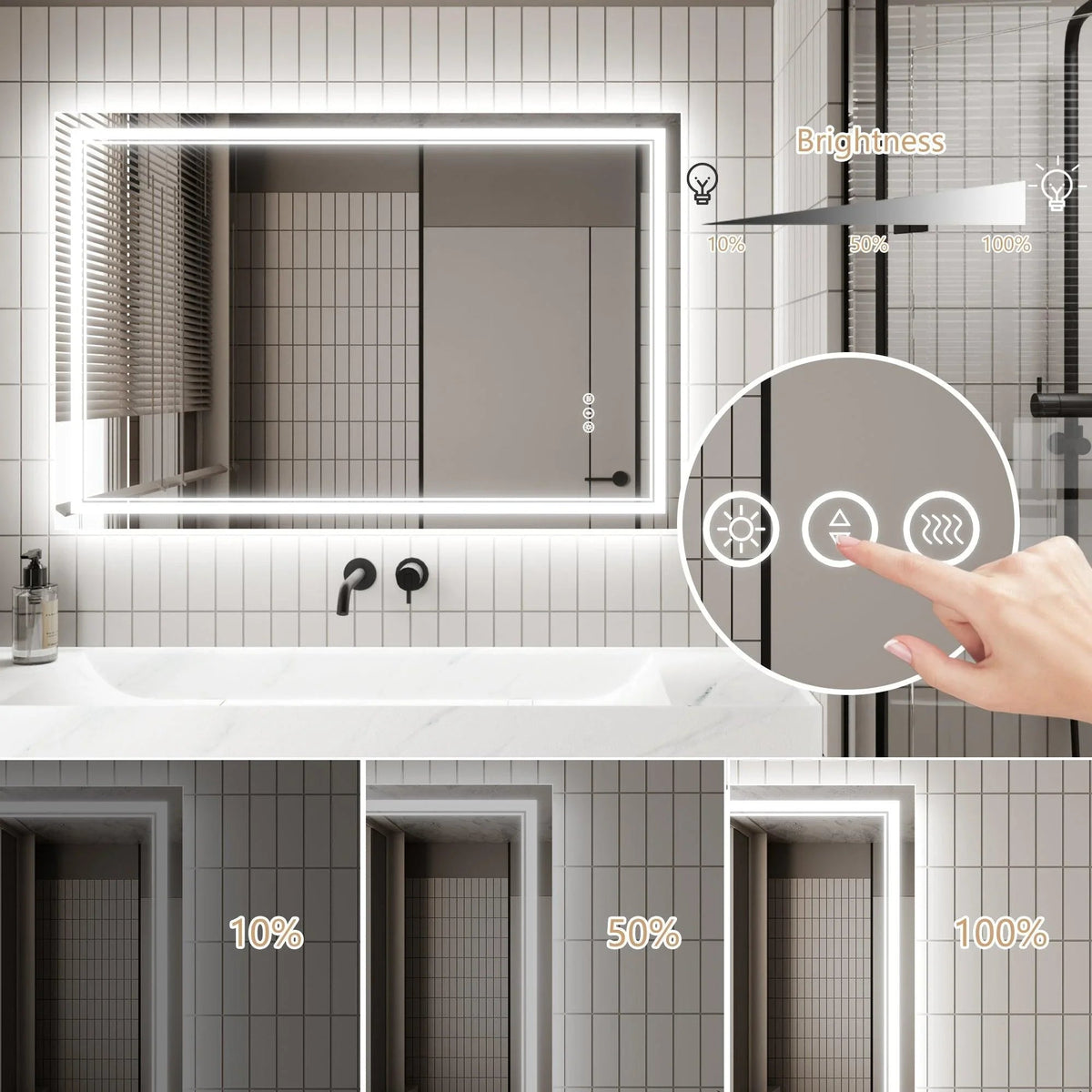 Backlit mirror with hand-activated touch dimming controls and anti-fog glass