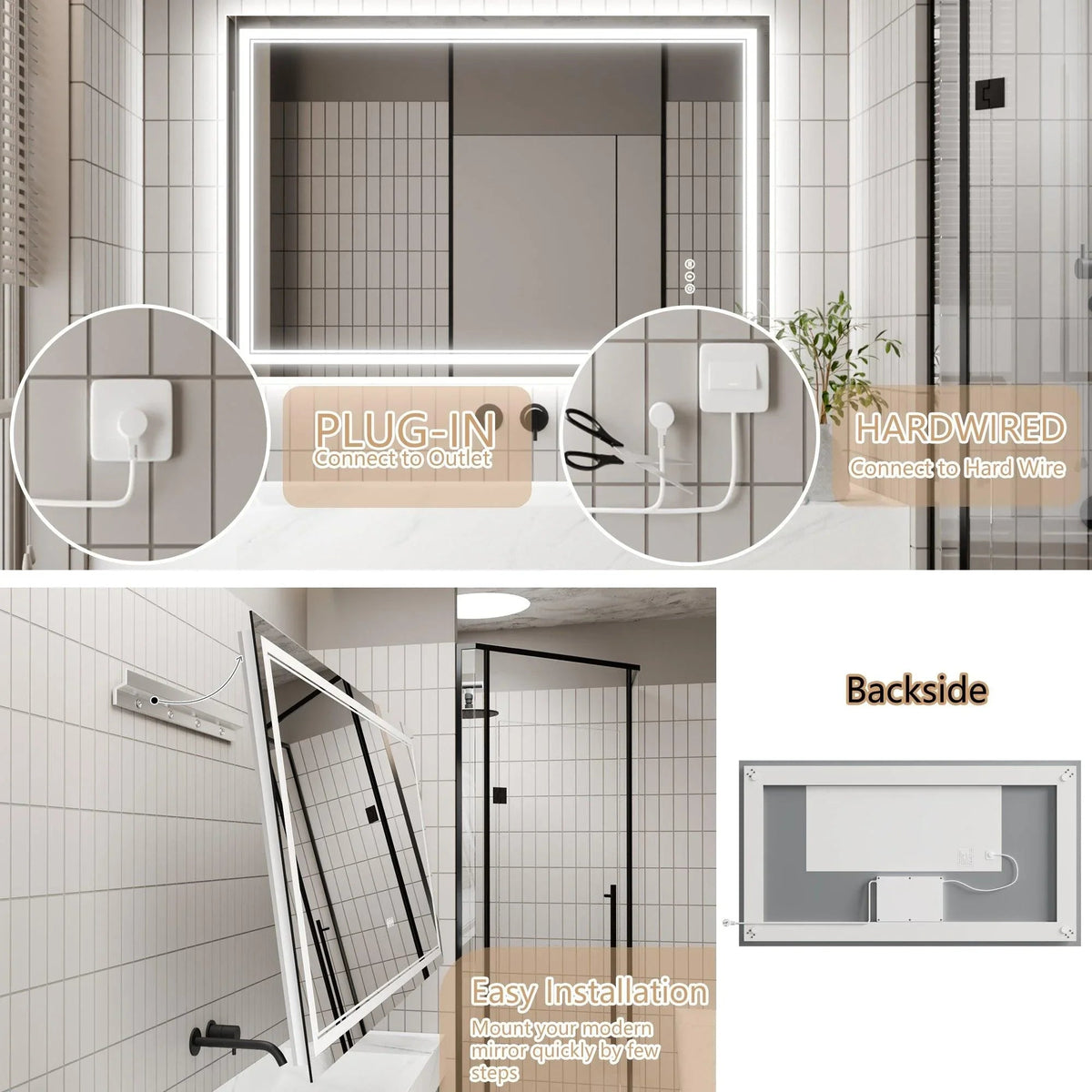 Backlit LED mirror backside view with plug-in and hardwired wiring diagram