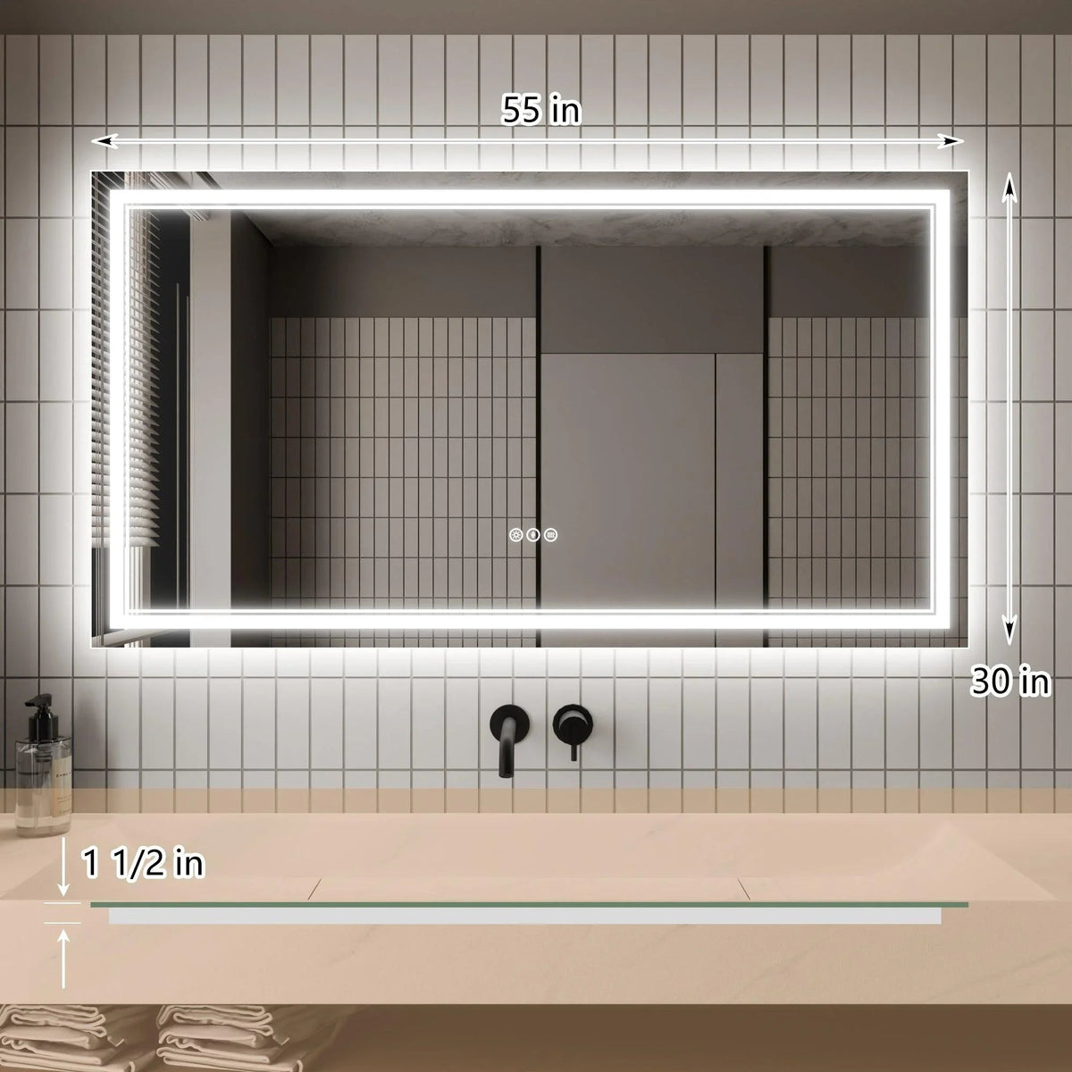 Backlit rectangular LED bathroom mirror with white frame and touch controls
