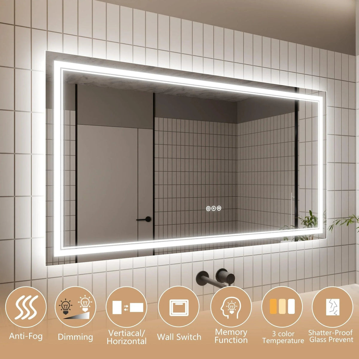 Rectangular LED backlit mirror with white frame and dimmable touch control icons
