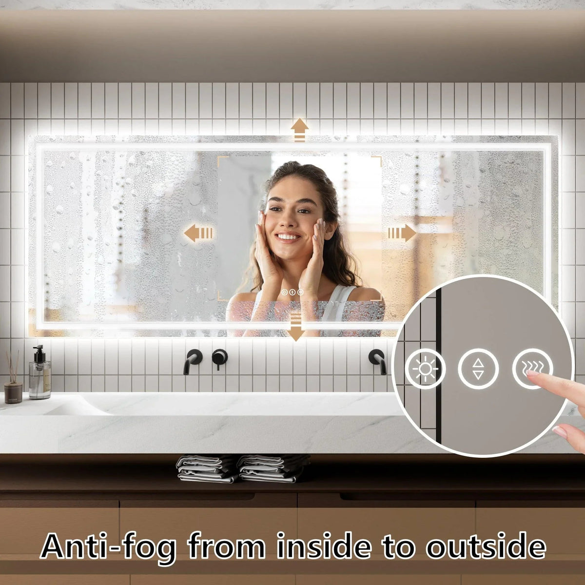 Backlit LED mirror with anti-fog overlay and enlarged touch control area