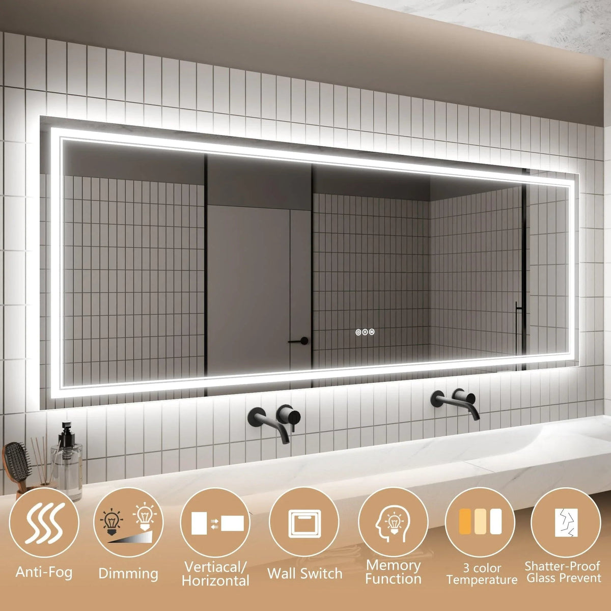 Backlit rectangular LED mirror with touch-control feature icons