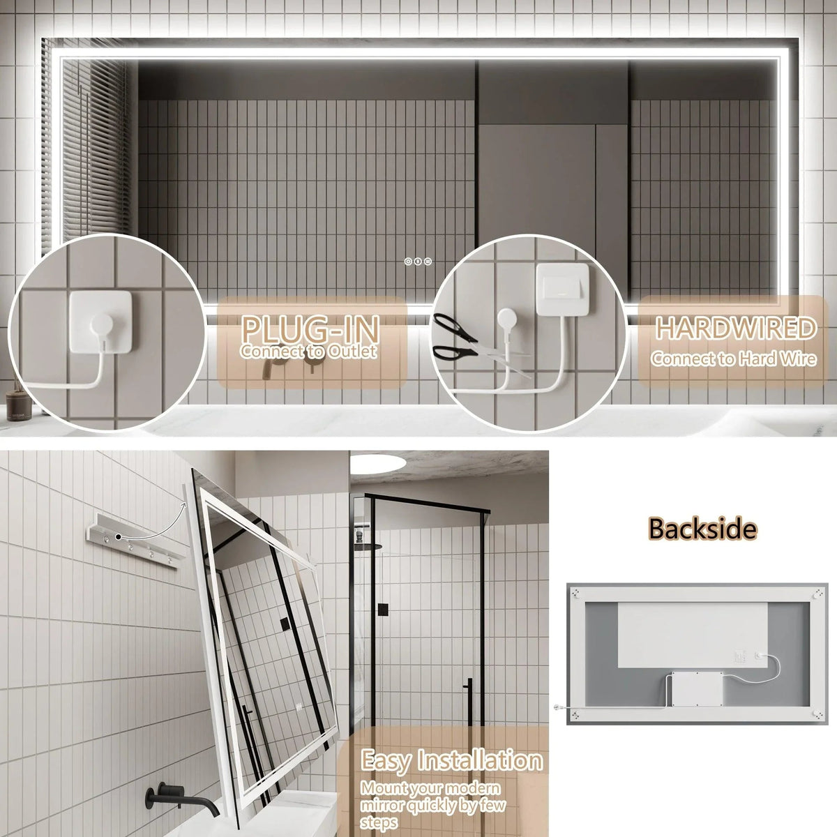 Backlit mirror showing plug-in and hardwired installation connection diagrams