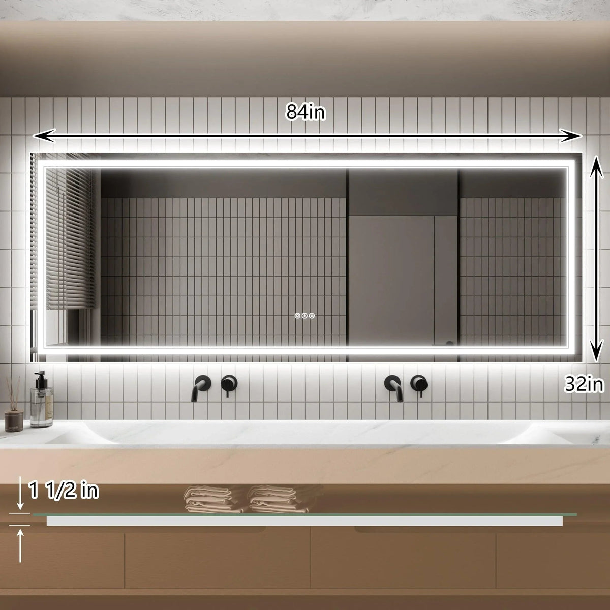 Backlit LED mirror with anti-fog border light and size measurements