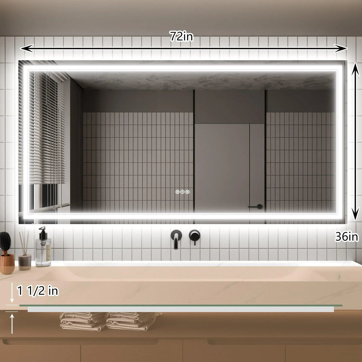Rectangular backlit LED mirror with white frame and visible size measurements