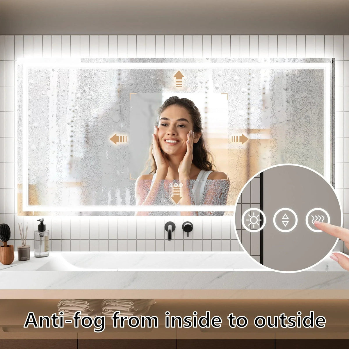 Anti-fog LED bathroom mirror with touch control dial and fog-resistant view graphic.