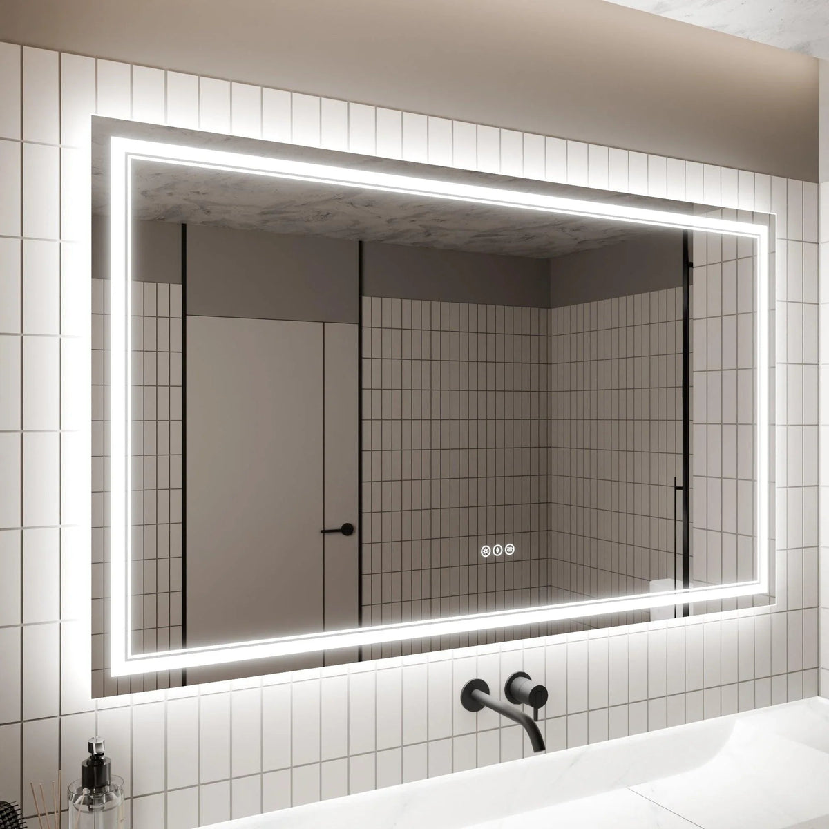 LED backlit bathroom mirror with wide rectangular frame and bright perimeter glow.