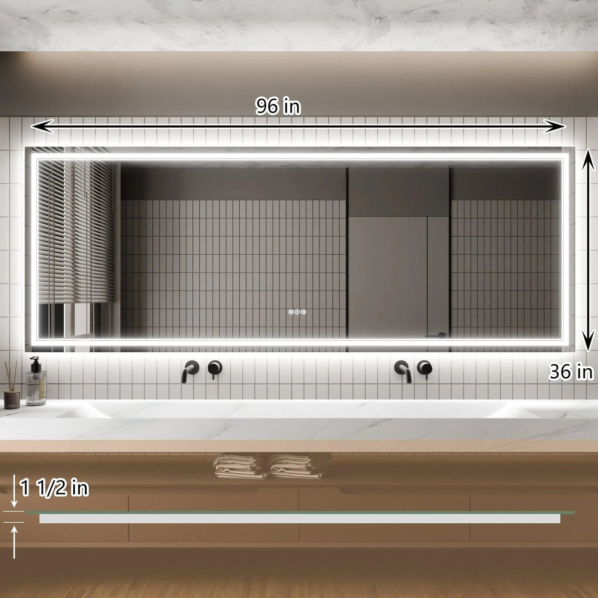 Backlit bathroom LED mirror with 96 in and 36 in size measurement overlays.