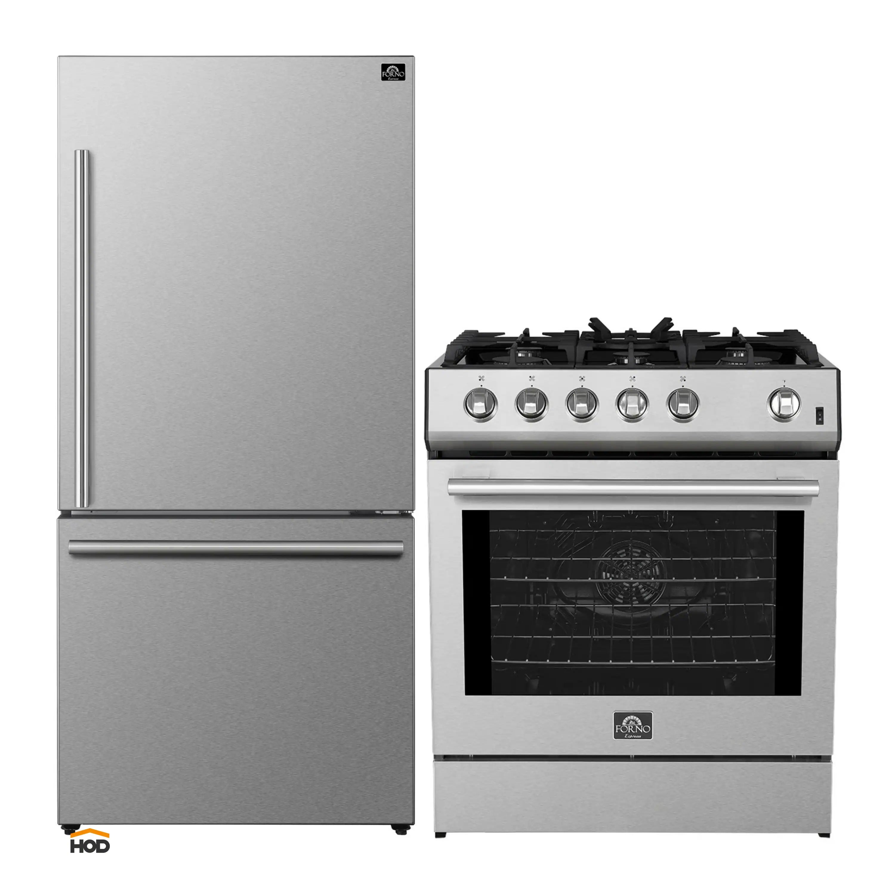 Stainless steel refrigerator and gas range appliance package, side-by-side