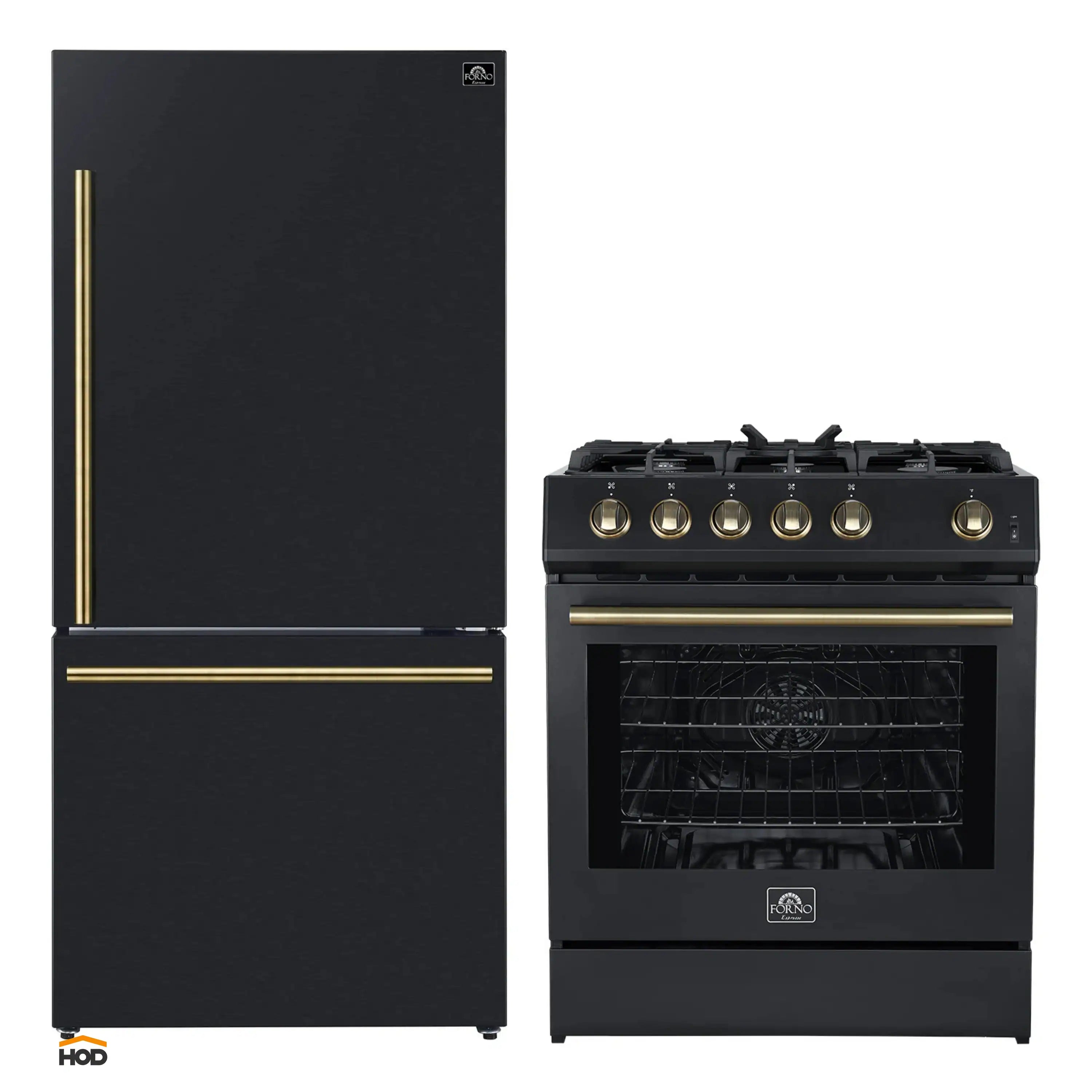 Black refrigerator and gas range set with antique brass trim and glass oven door