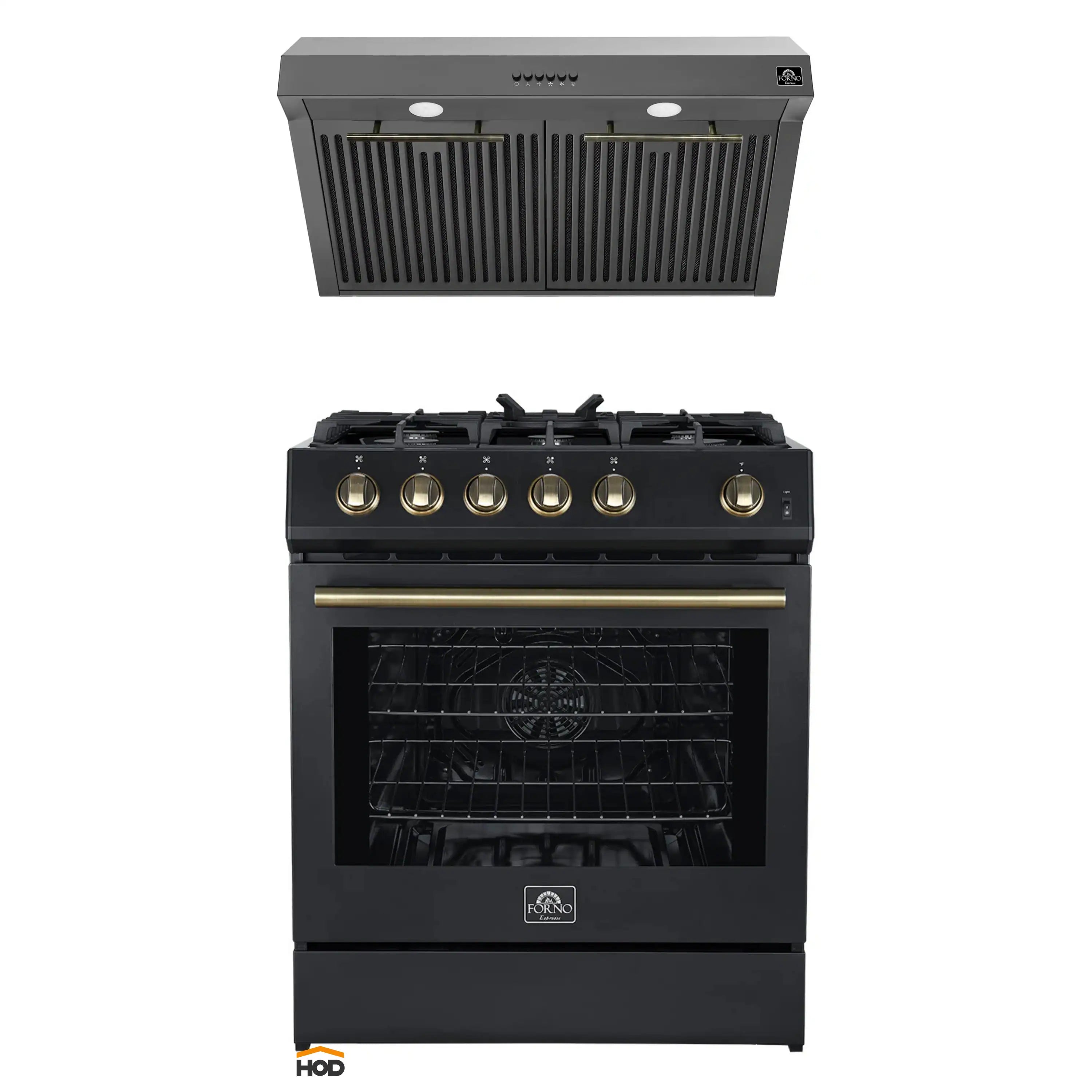 Black 30-inch gas range with antique brass knobs and under-cabinet hood, two-piece set