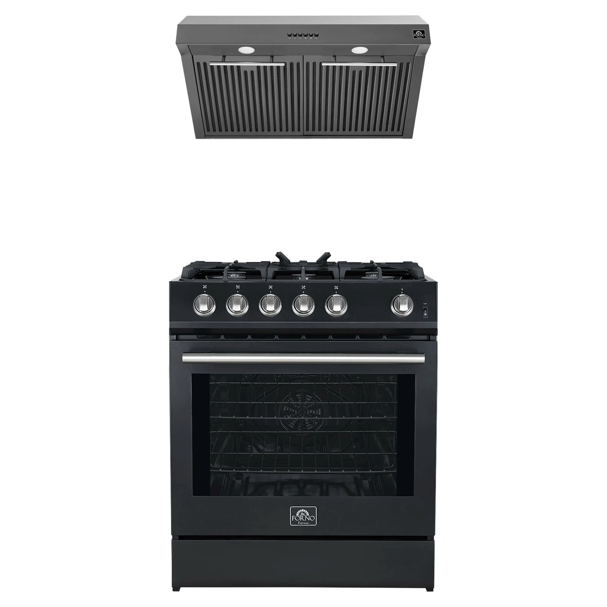 Forno 2-Piece Appliance Package - 30-Inch Gas Range & Under Cabinet Range Hood in Black with Stainless Steel Trim