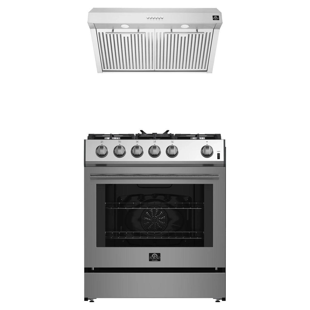 Forno 2-Piece Appliance Package - 30-Inch Gas Range & Under Cabinet Range Hood in Stainless Steel