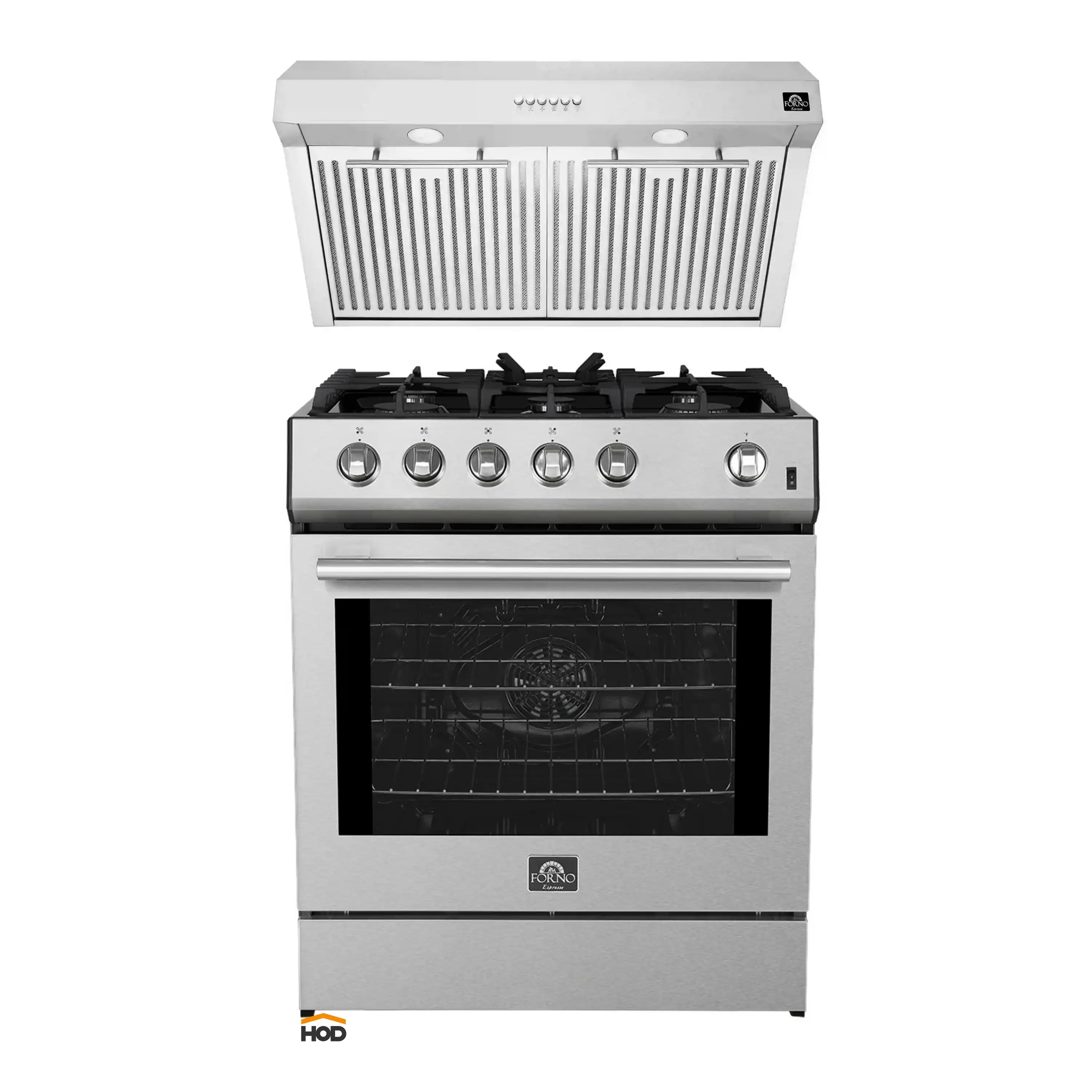 Stainless steel 30-inch gas range with burners and under-cabinet range hood