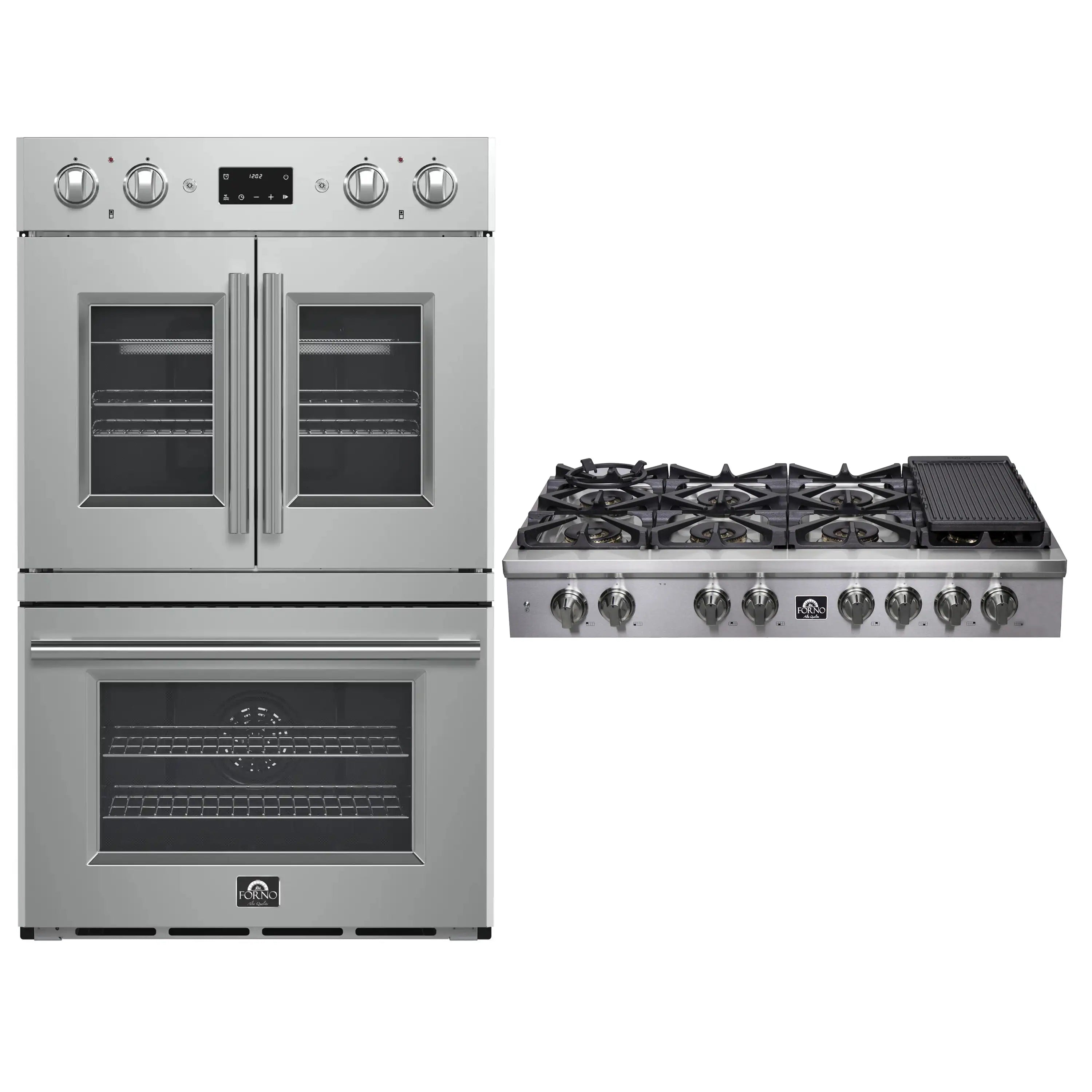 Stainless steel double wall oven with gas rangetop and black grates