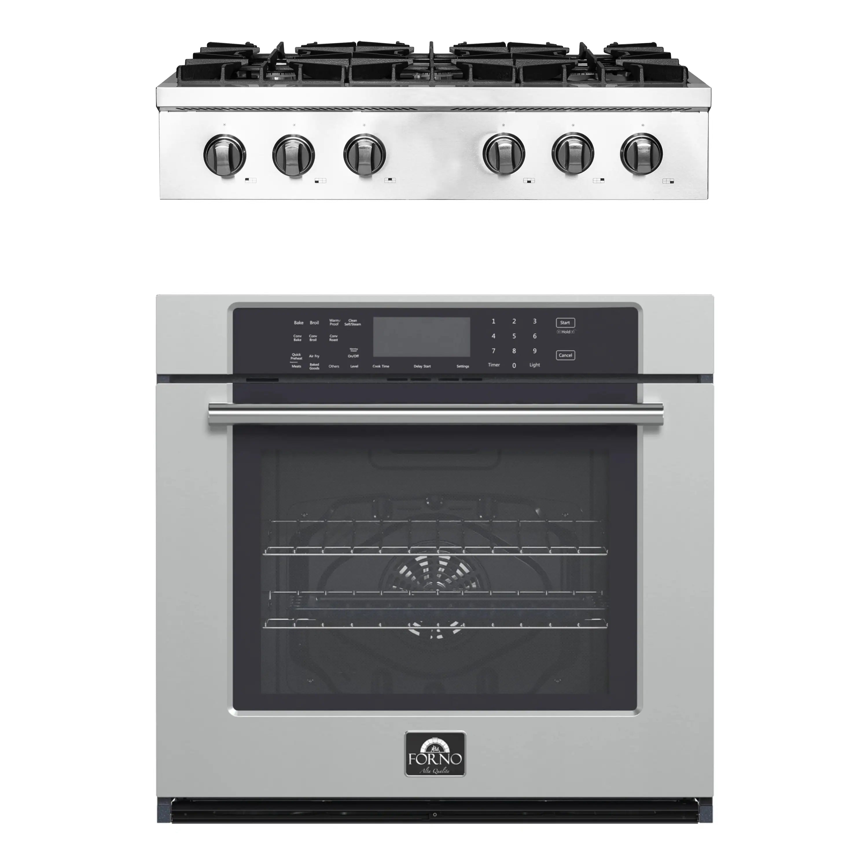 Forno gas rangetop with control knobs and stainless wall oven front