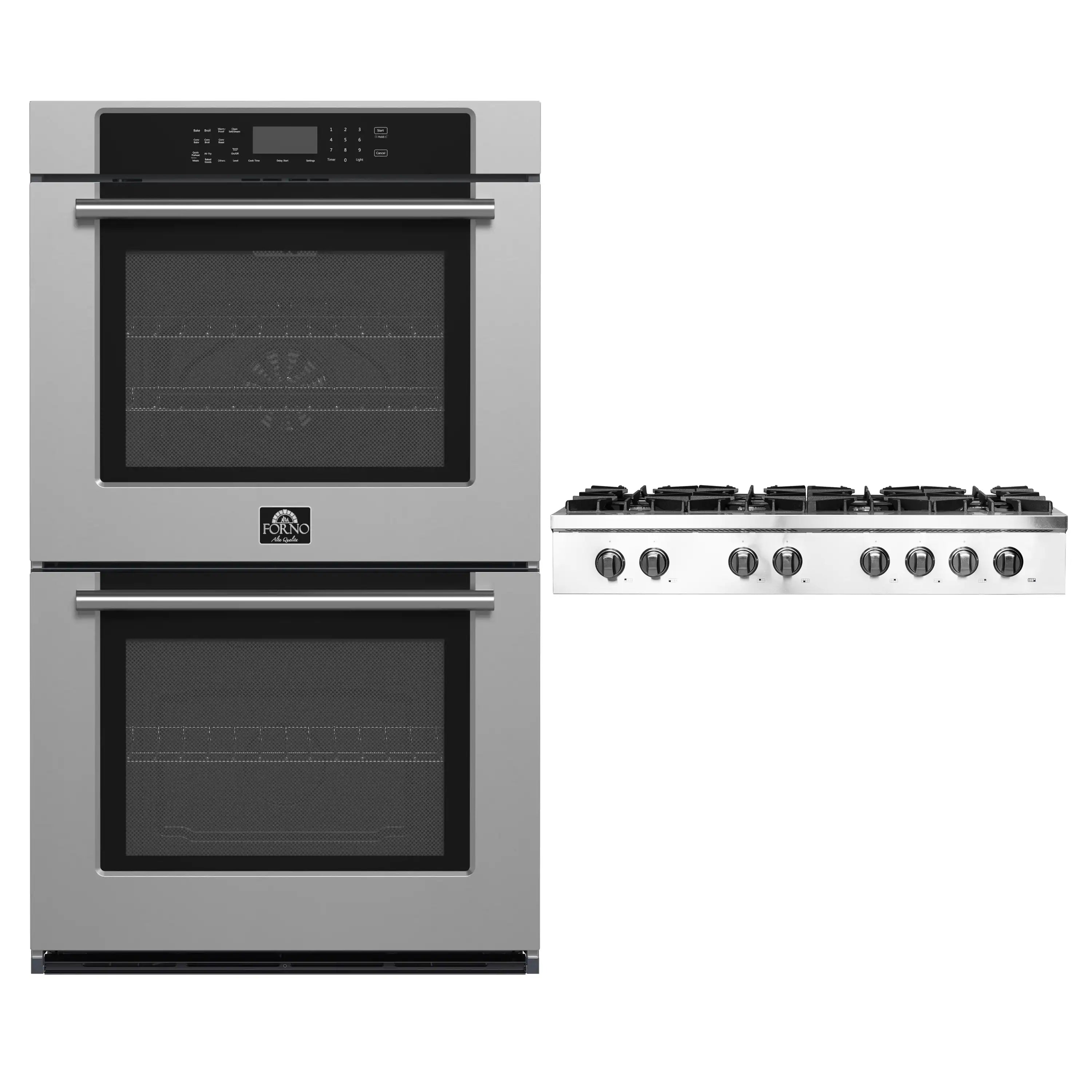 Stainless steel double wall oven with gas rangetop, black glass doors and knobs