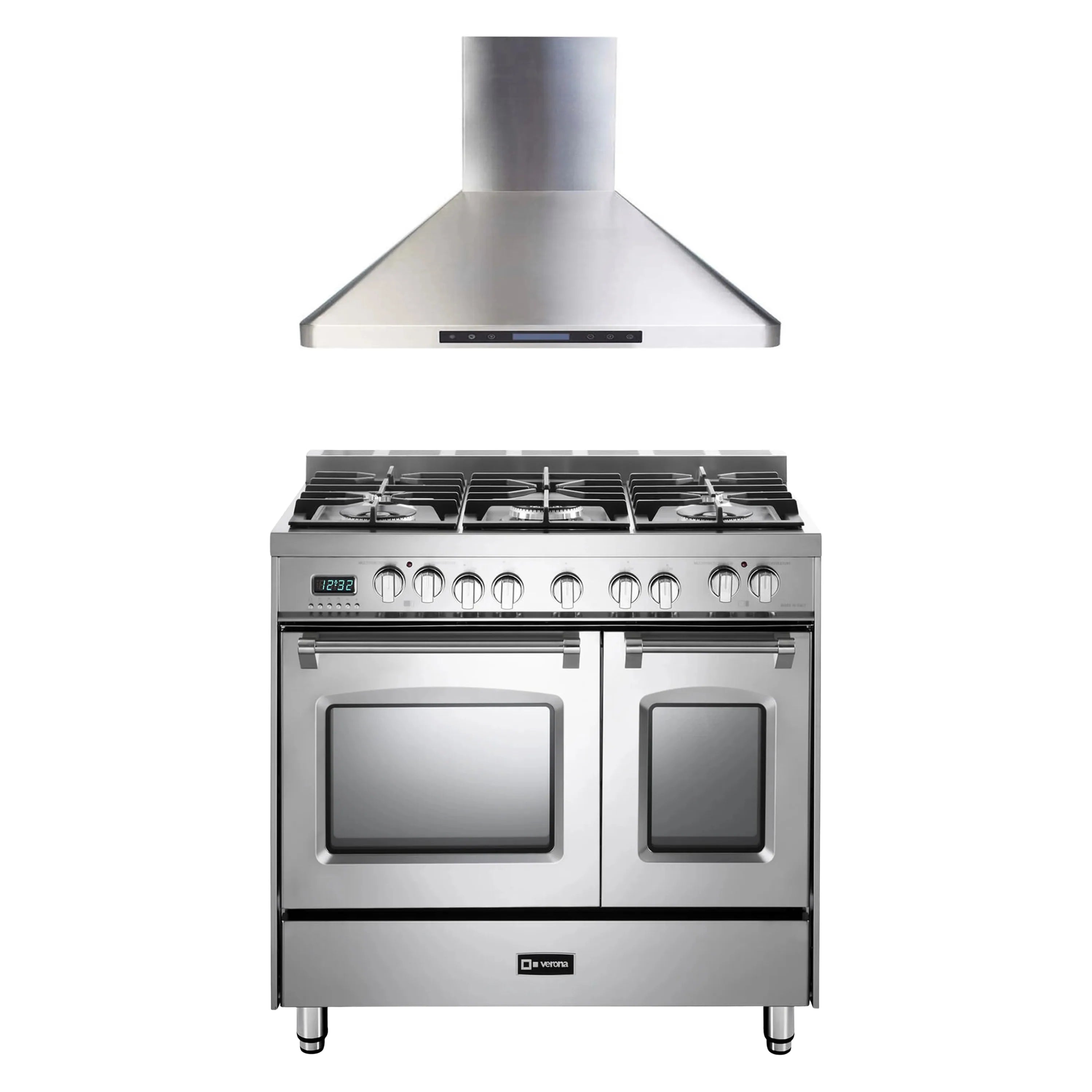 Stainless steel dual-fuel range with double ovens and front cooktop knobs