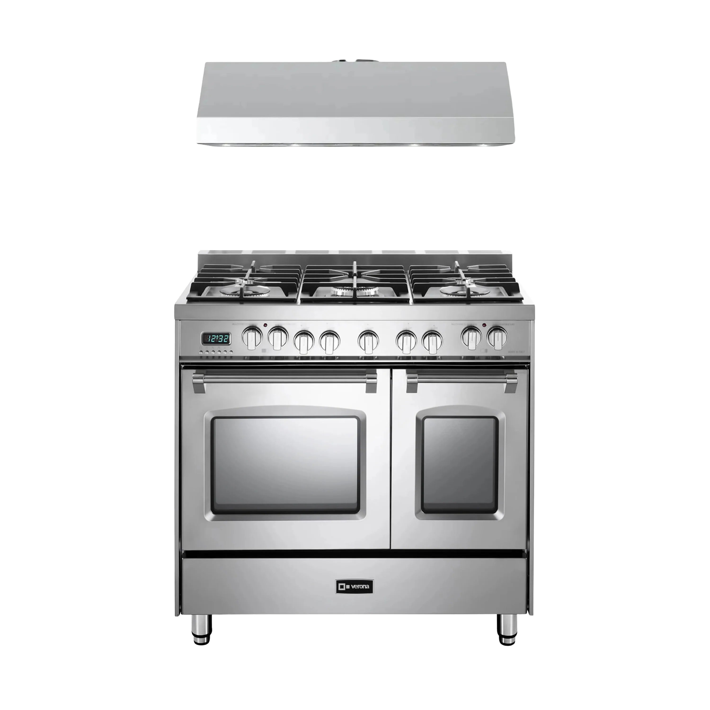 Stainless steel dual-fuel range with two ovens, four burners, and control knobs