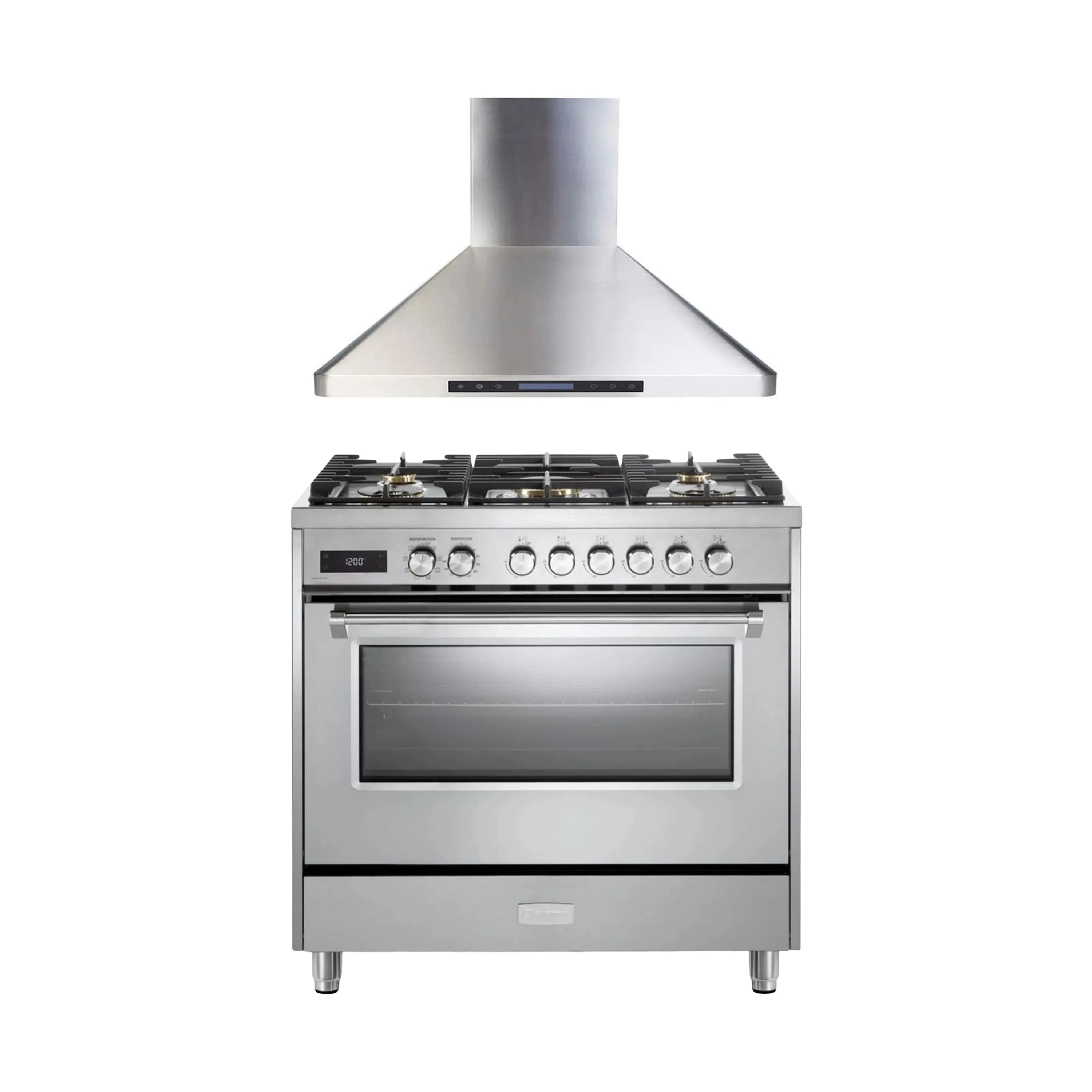 Stainless steel 36-inch dual fuel range with oven door and 5 sealed burners