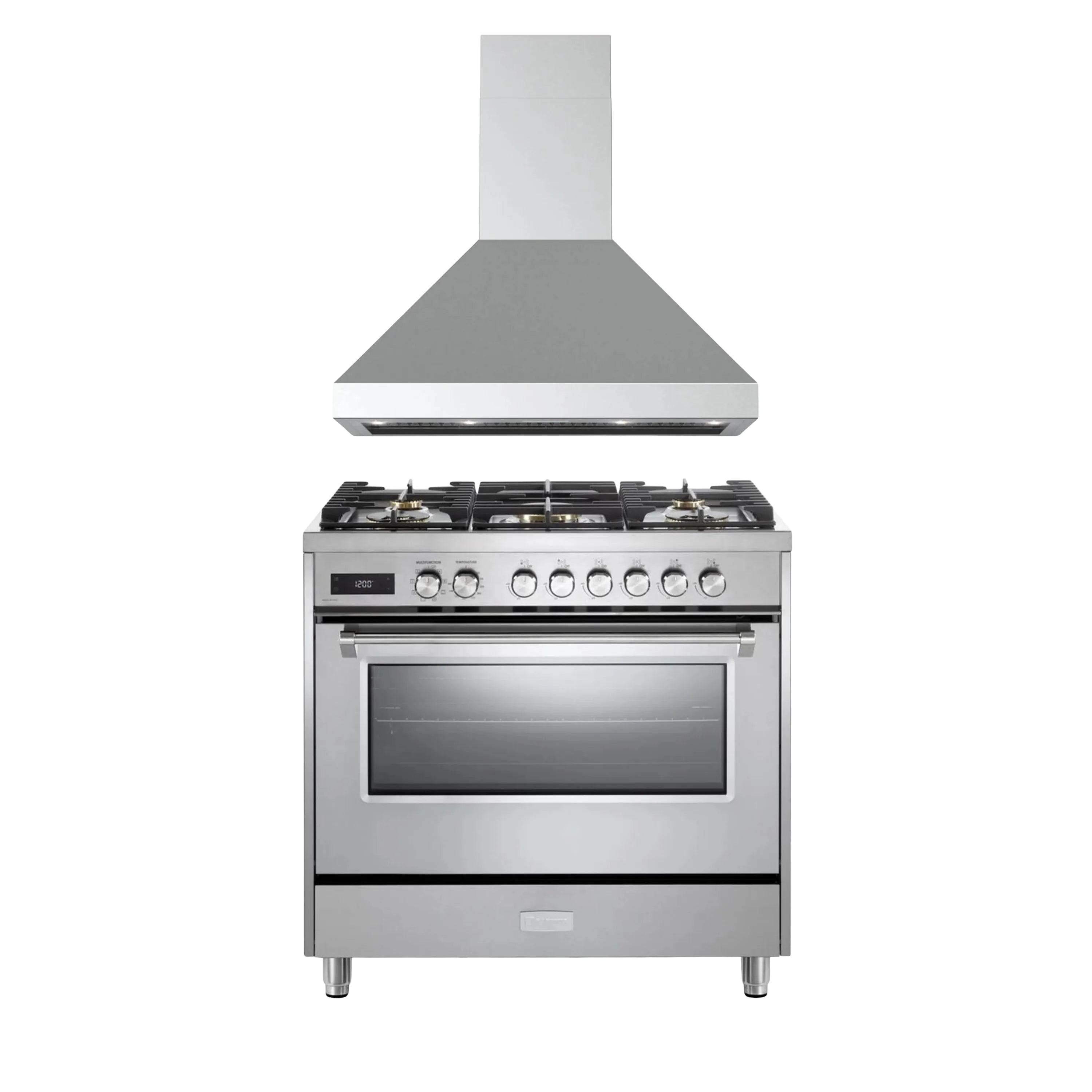 Stainless steel dual fuel range with 5 burners and large oven door, front view