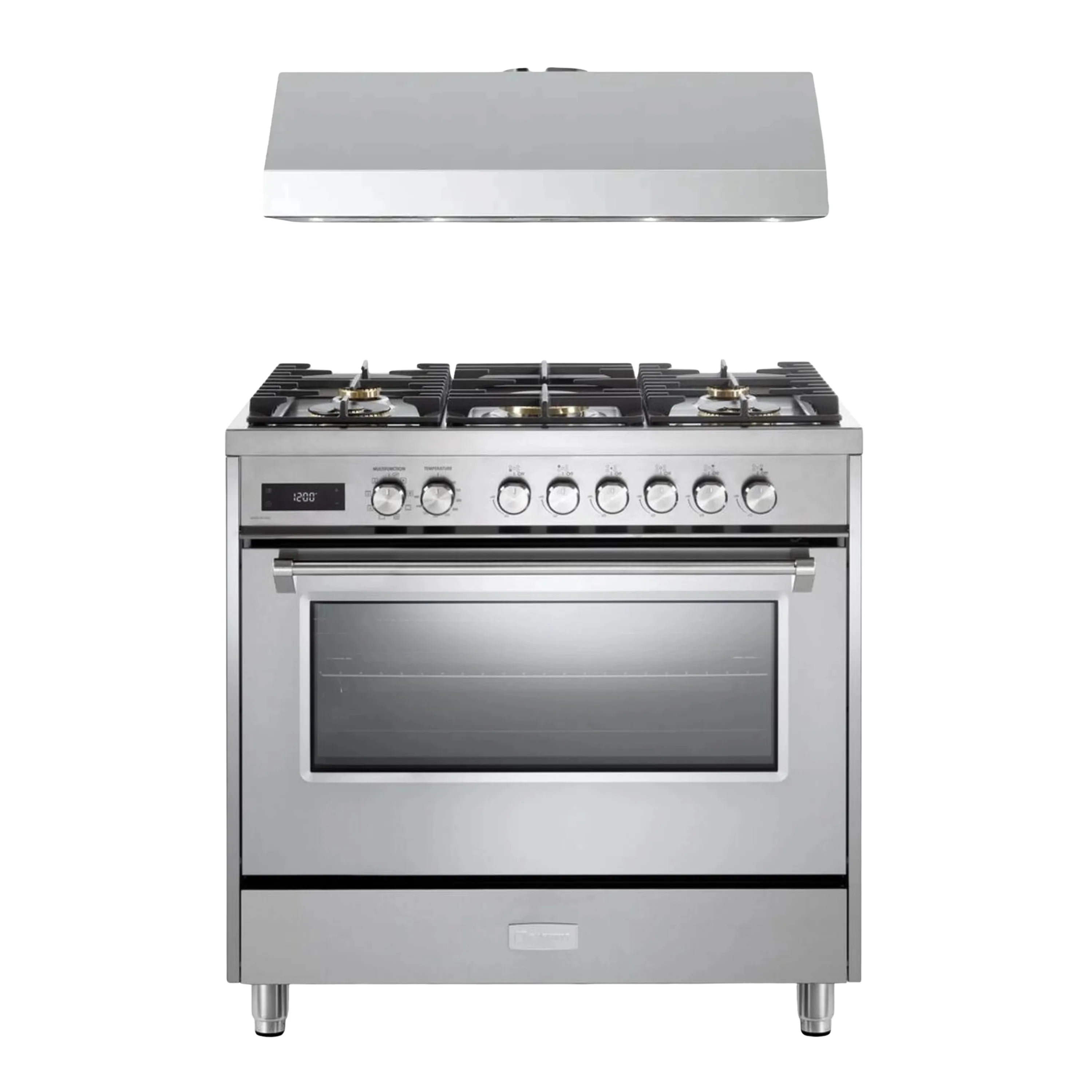 Stainless steel dual-fuel range with five burners and large oven door