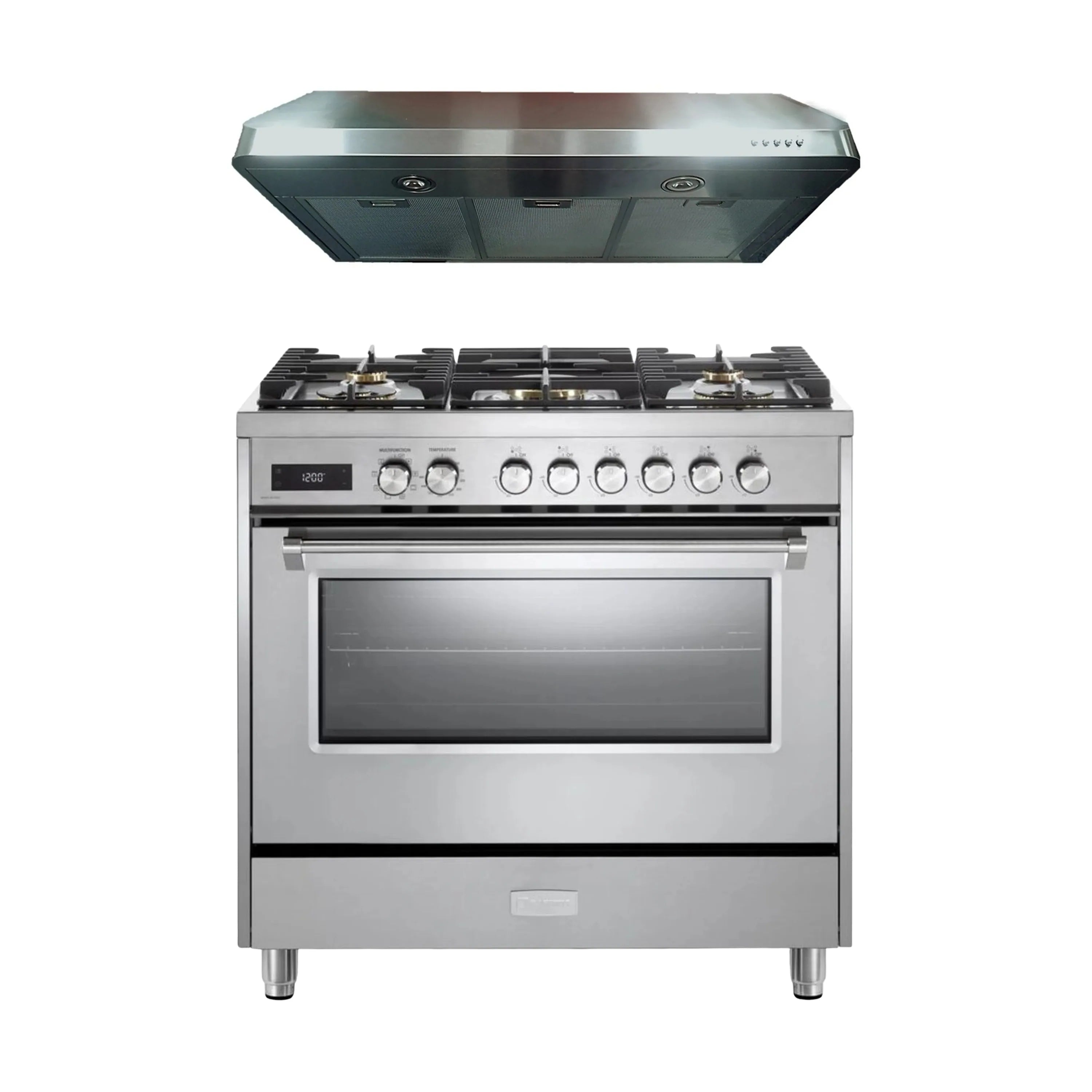 Stainless steel dual fuel range with 5 sealed burners and under-cabinet hood