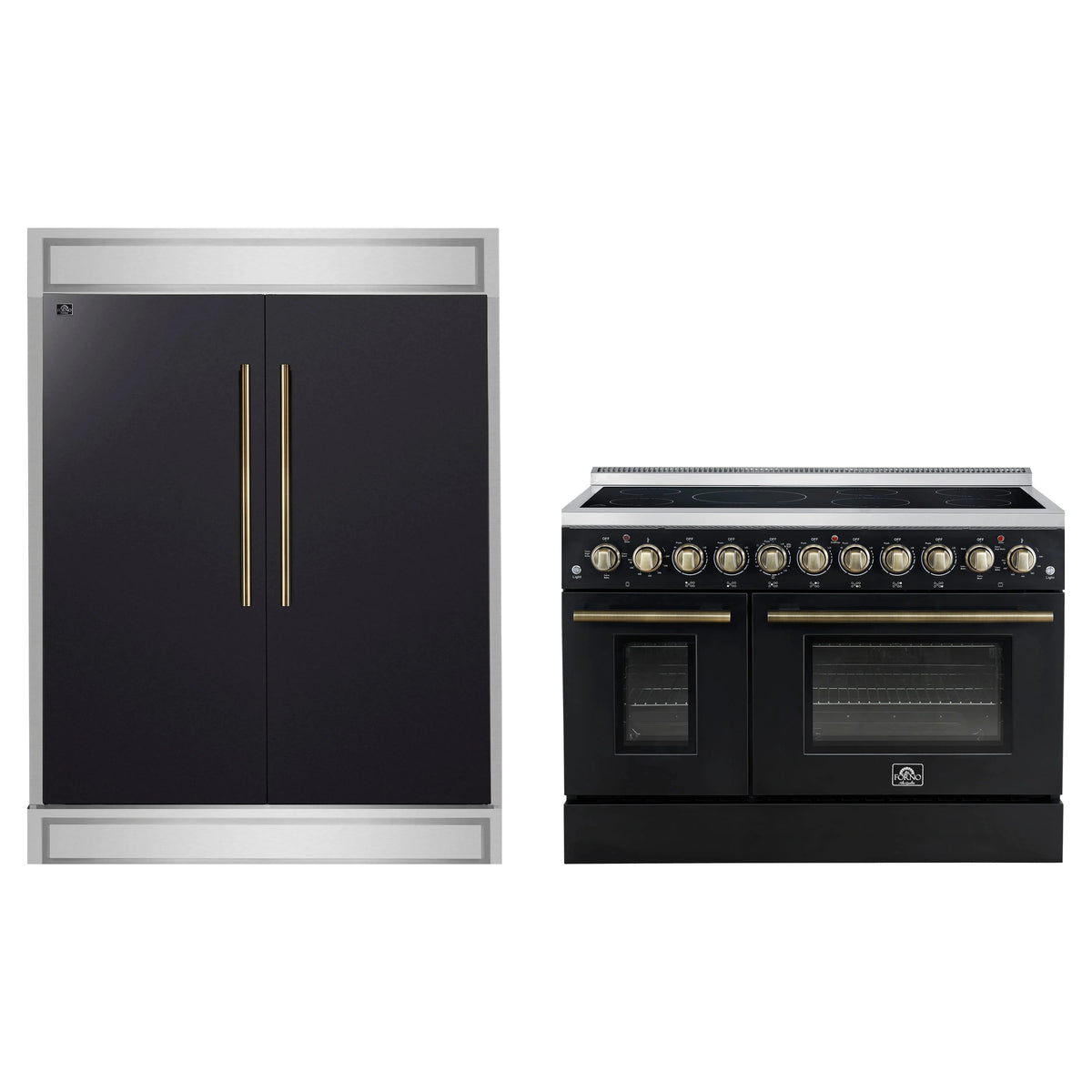 Forno 2-Piece Appliance Package - 48-Inch Electric Range & 60-Inch Refrigerator in Black with Antique Brass Trim