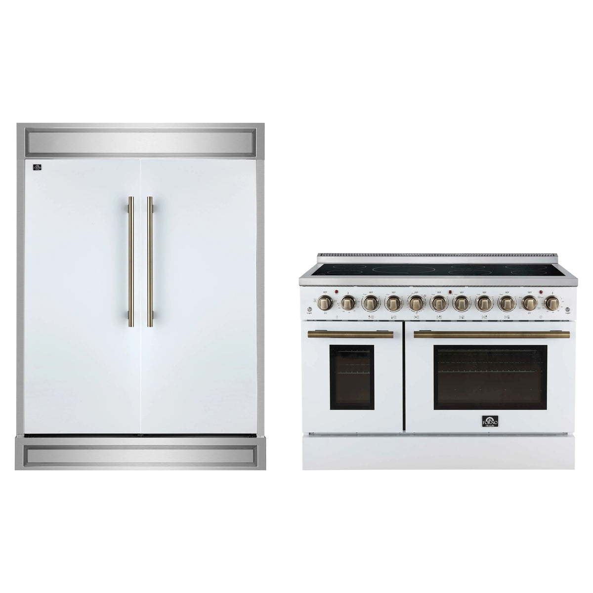 Forno 2-Piece Appliance Package - 48-Inch Electric Range & 60-Inch Refrigerator in White with Antique Brass Trim