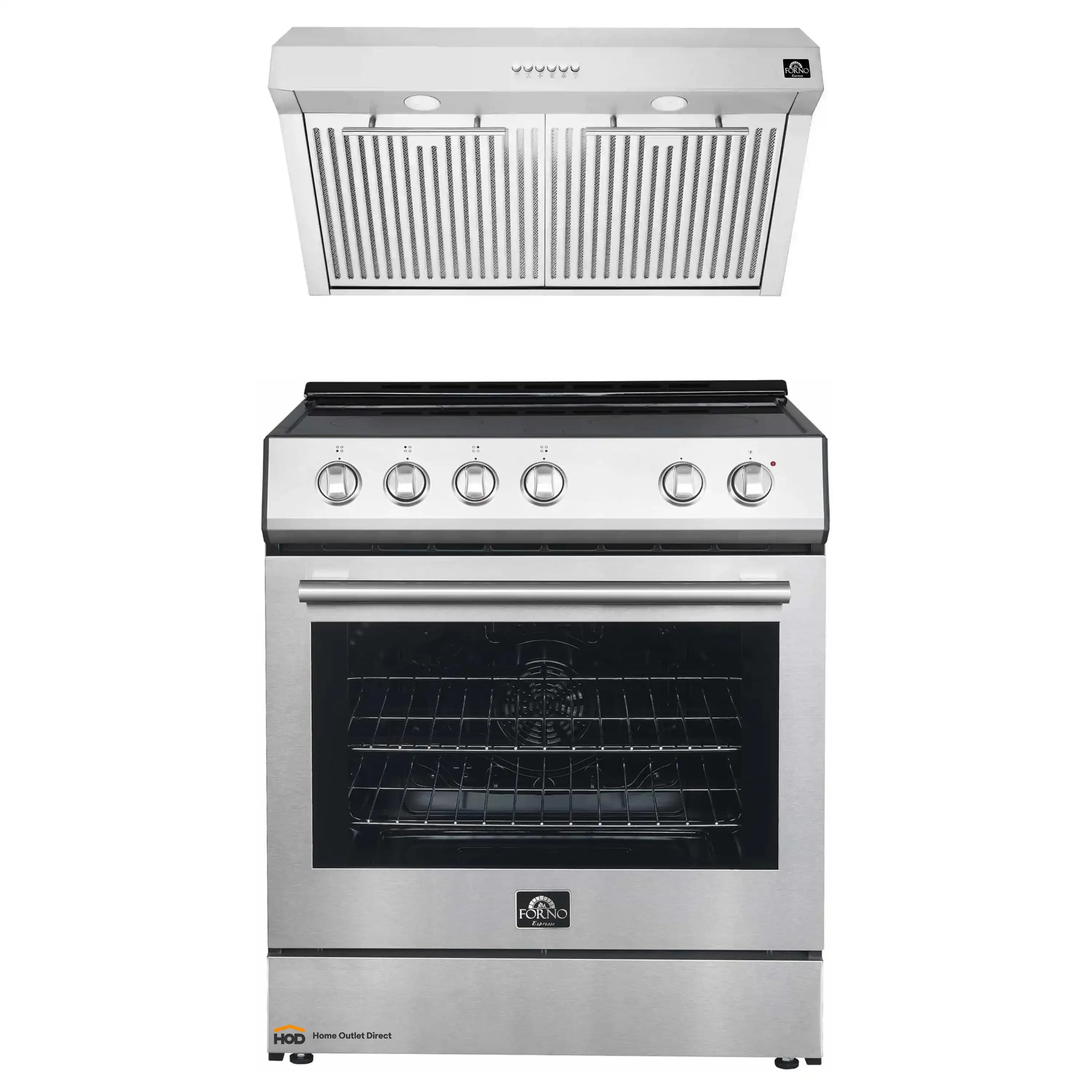 Stainless steel electric range with black glass oven and under-cabinet hood above