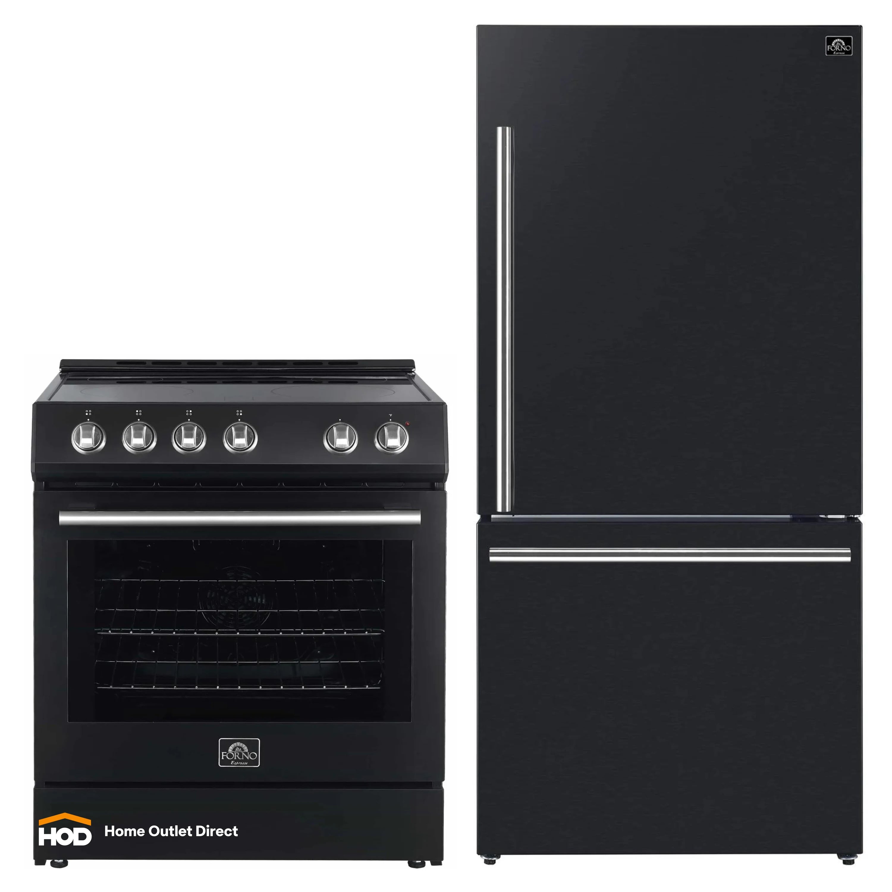 Black electric range with stainless knobs beside black refrigerator with stainless handle