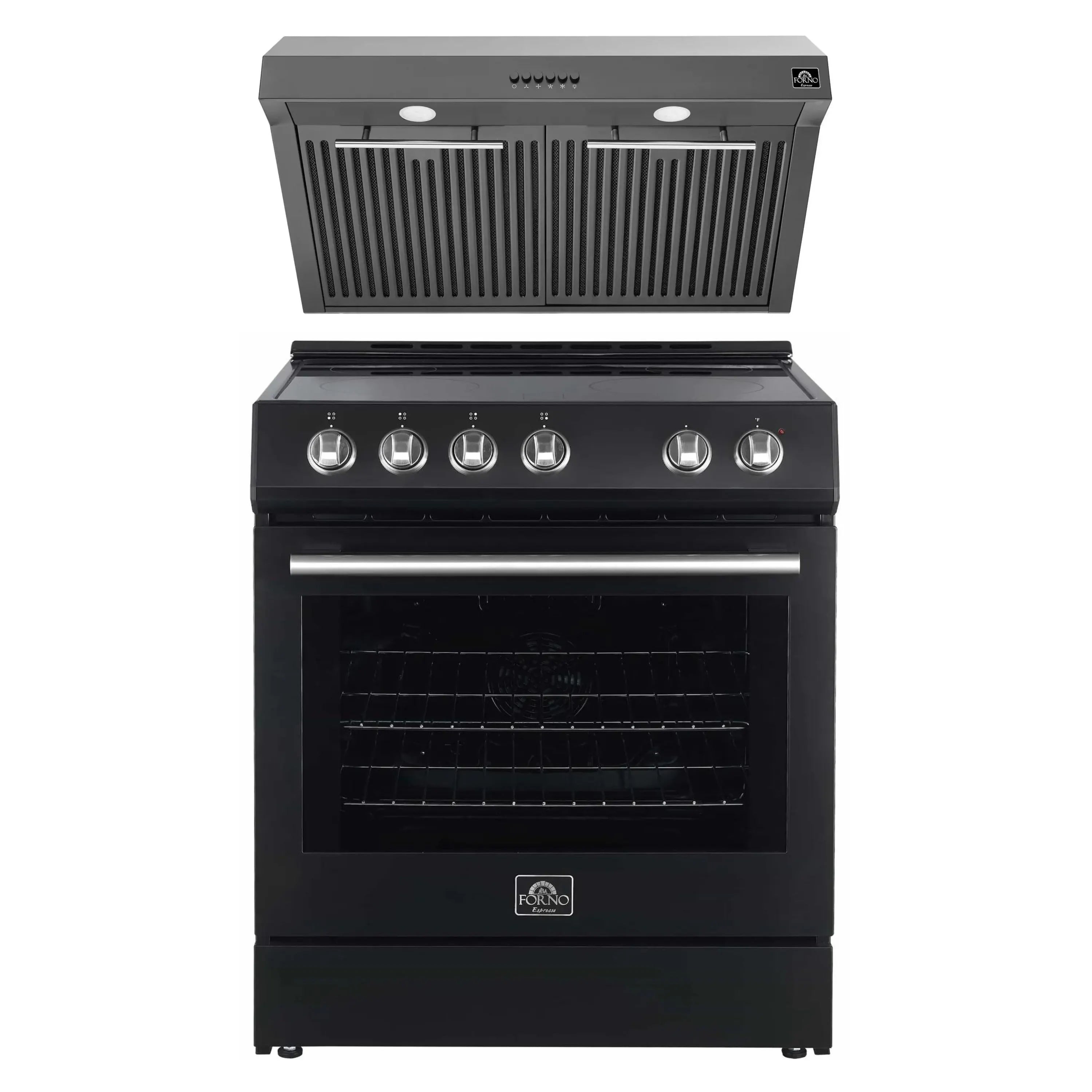 Black electric range with stainless trim and under-cabinet hood, 2-piece package