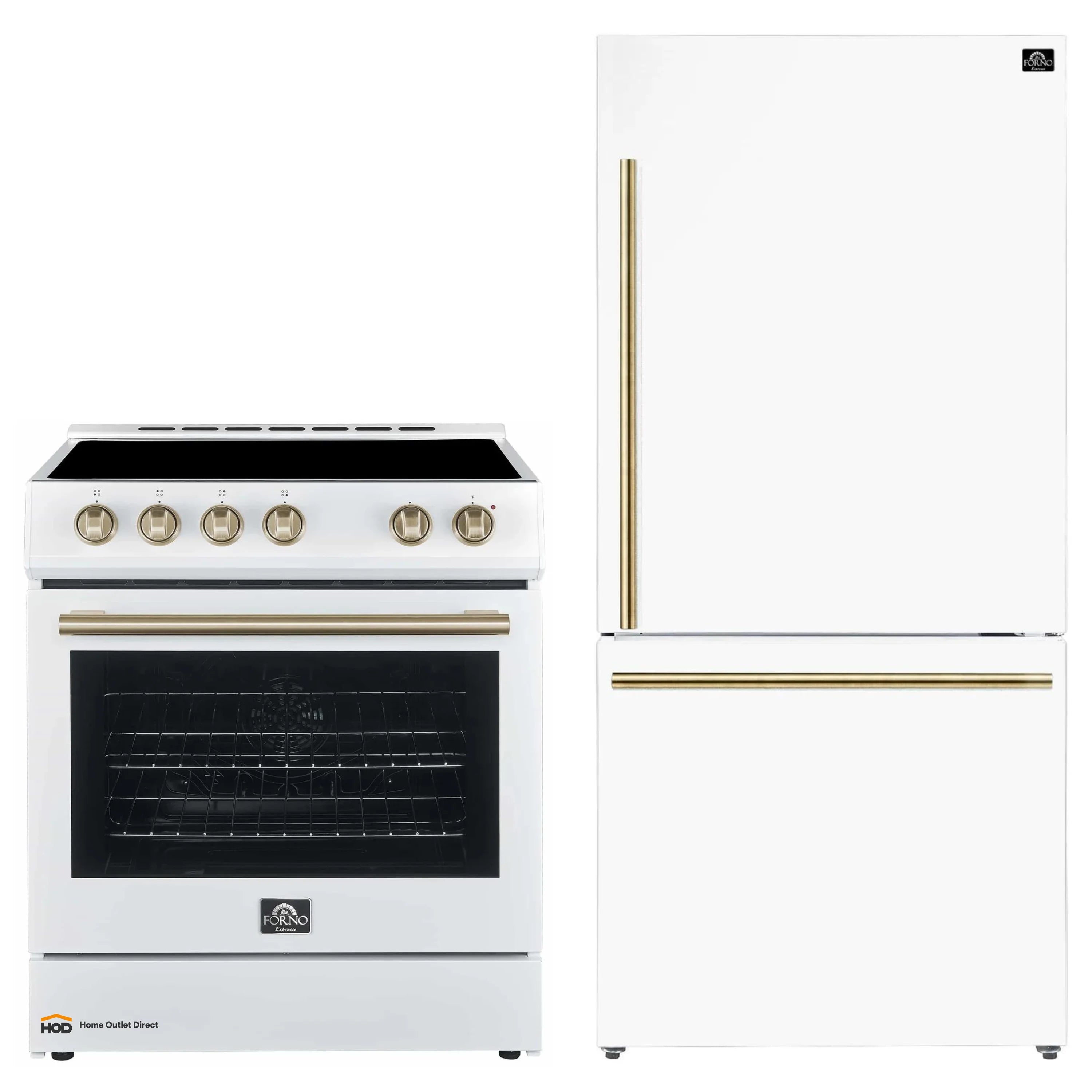 White electric range and refrigerator set with antique brass trim, two-piece appliance package