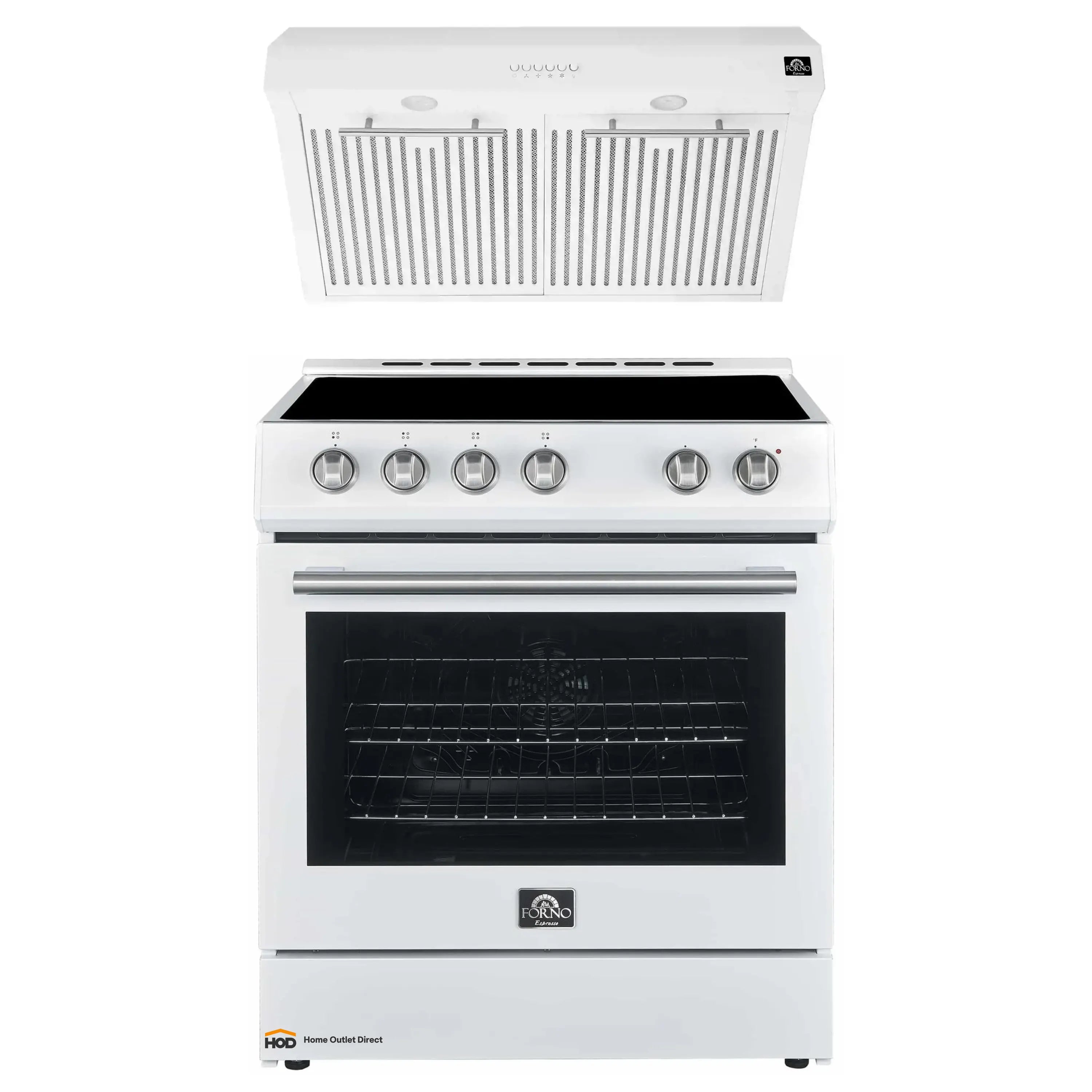 White electric range with open oven door and control panel with four burner knobs