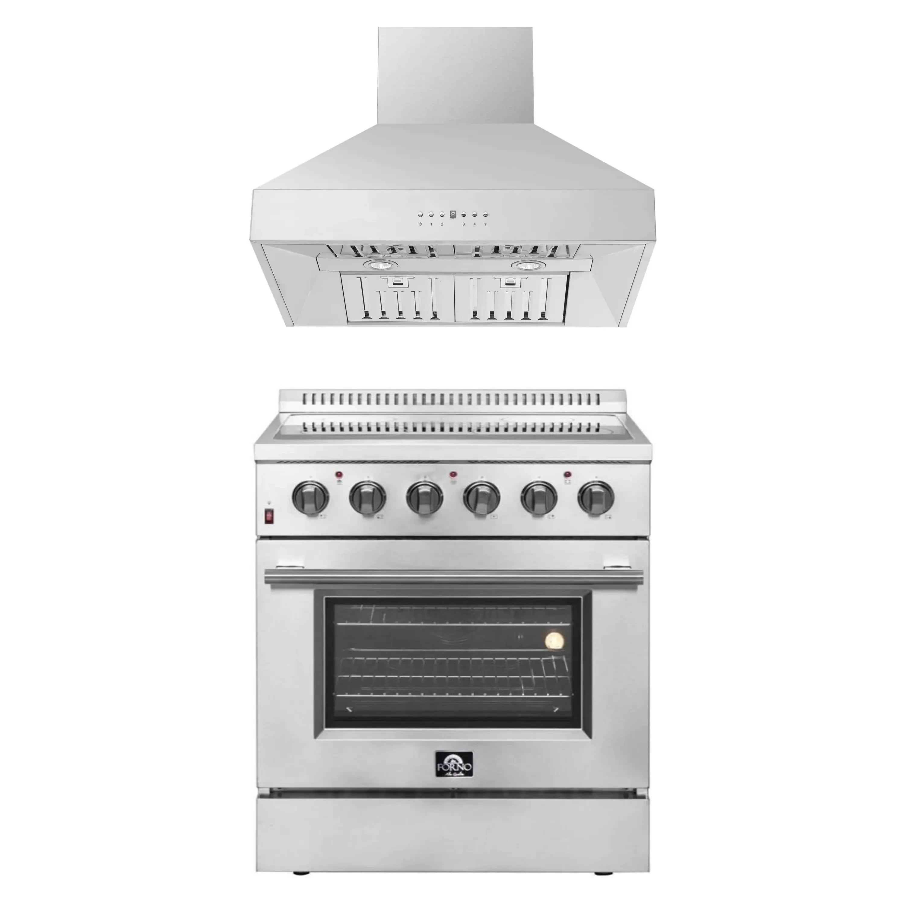Stainless steel electric range with wall-mount range hood, control knobs and oven door