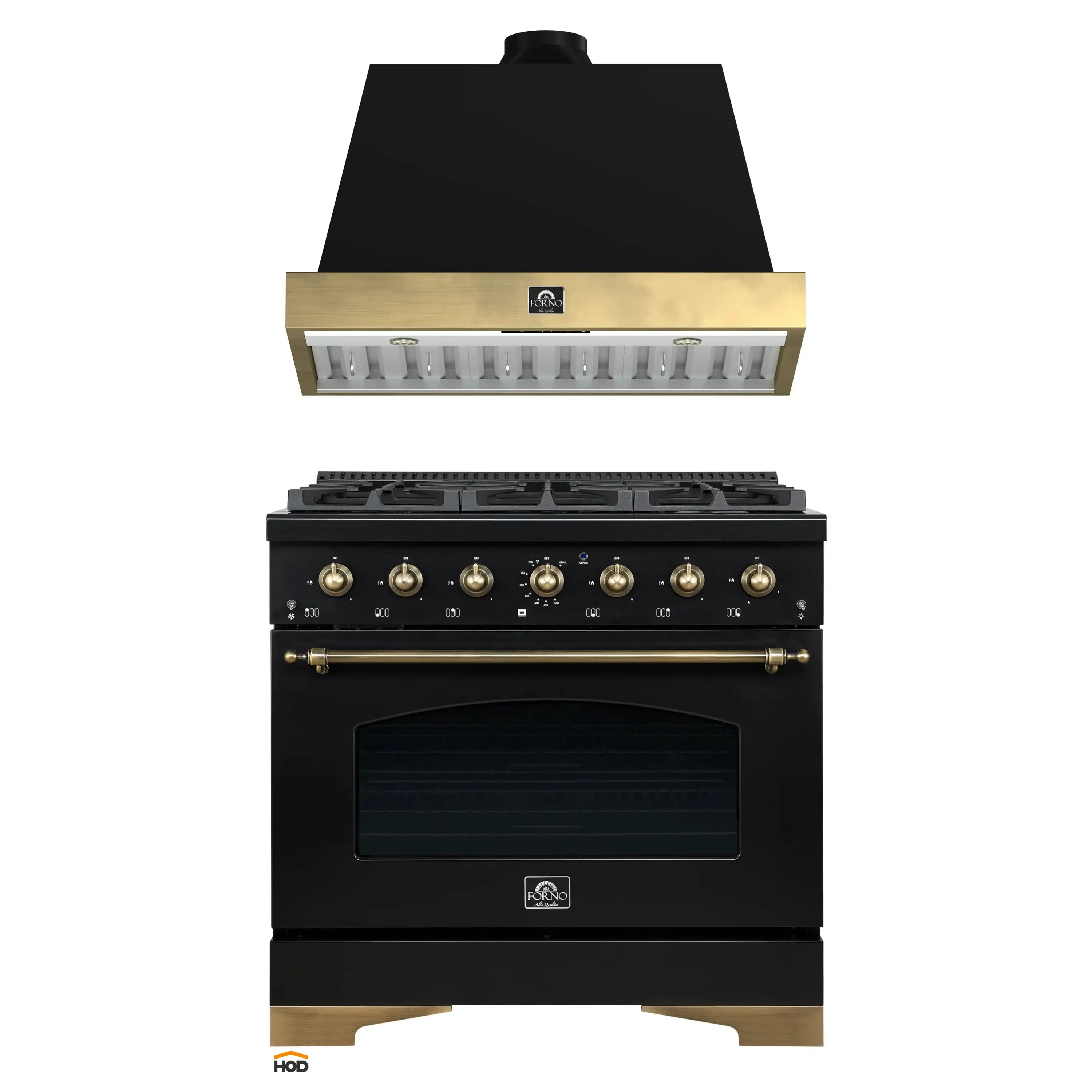 Black dual-fuel range with oven door, brass knobs, and wall hood with antique brass trim