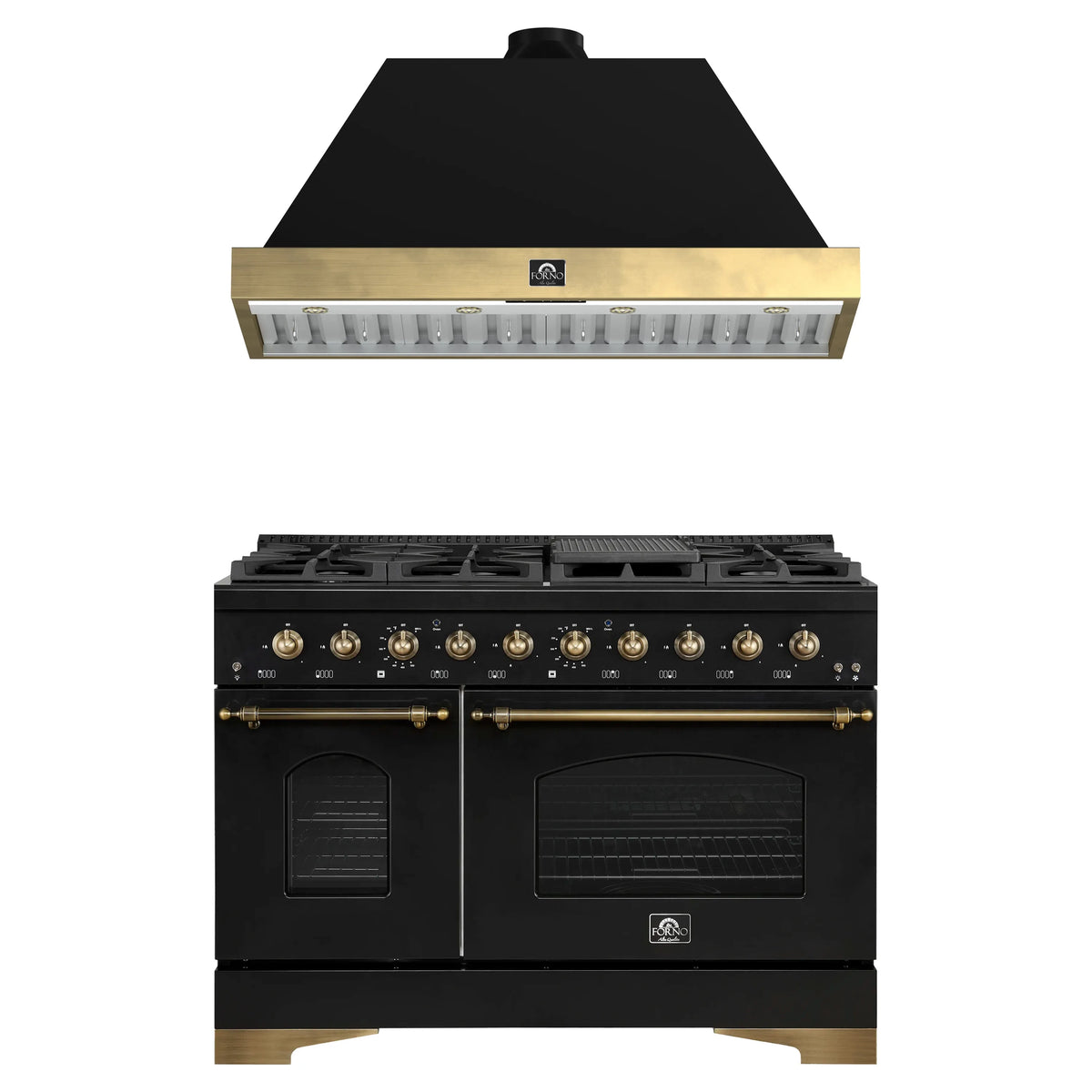 Forno Antico 2-Piece Appliance Package - 48-Inch Dual Fuel Range & 48-Inch Wall Mount Range Hood in Black with Antique Brass Trim