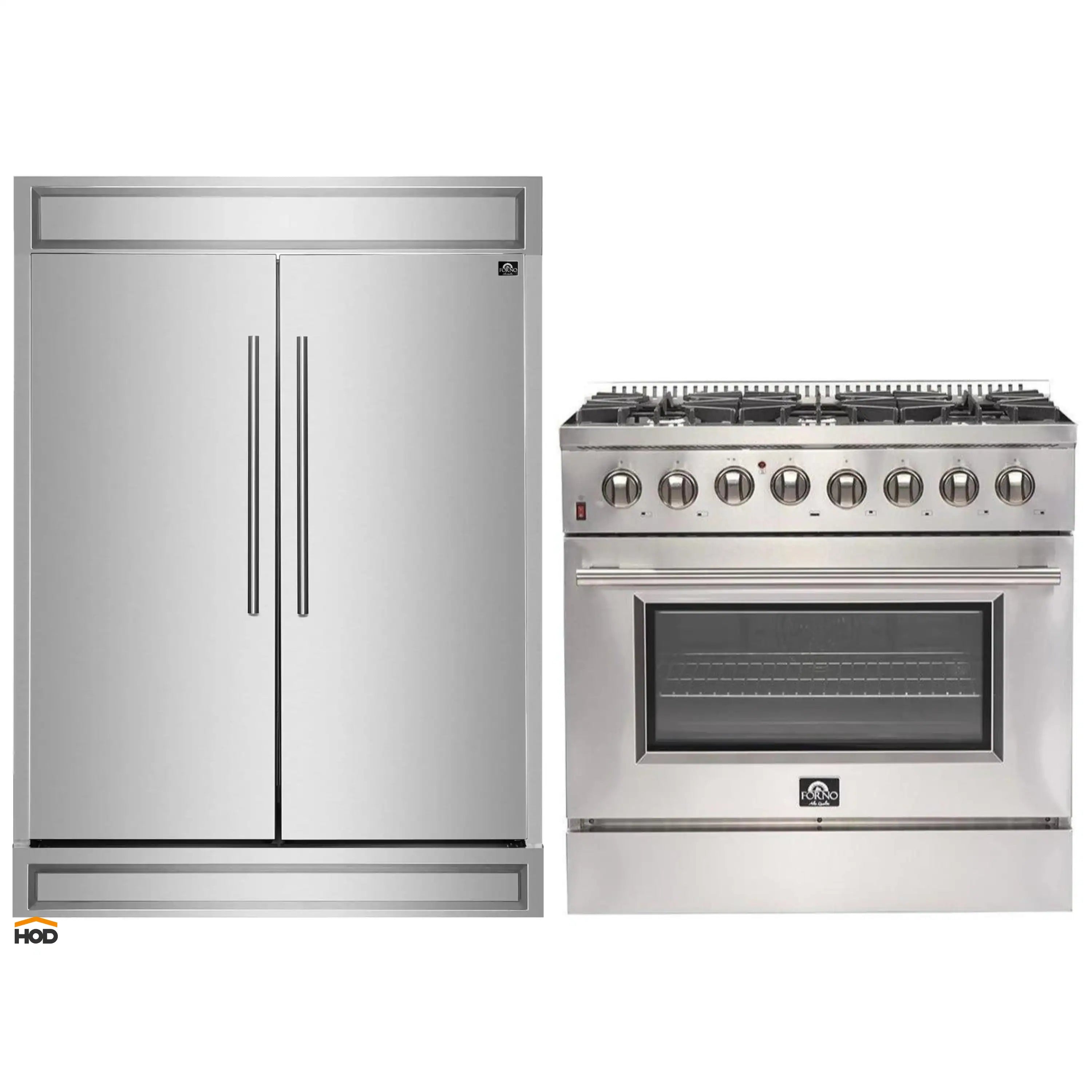 Stainless steel built-in refrigerator and dual-fuel range with oven door and knobs