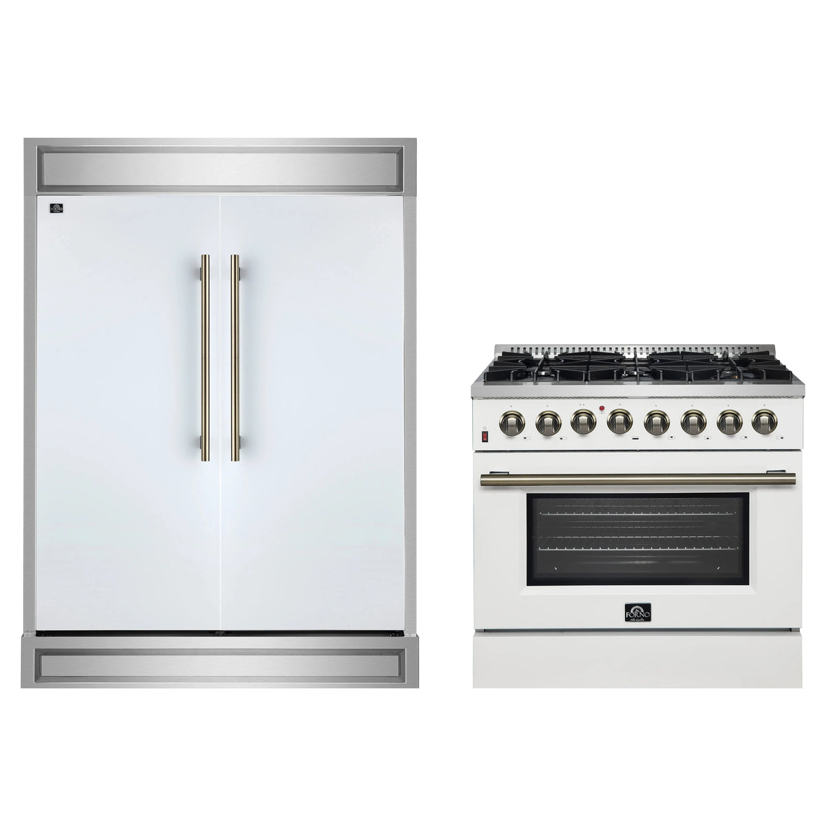 Forno 2-Piece Appliance Package - 36-Inch Dual Fuel Range & 60-Inch Refrigerator in White with Antique Brass Trim