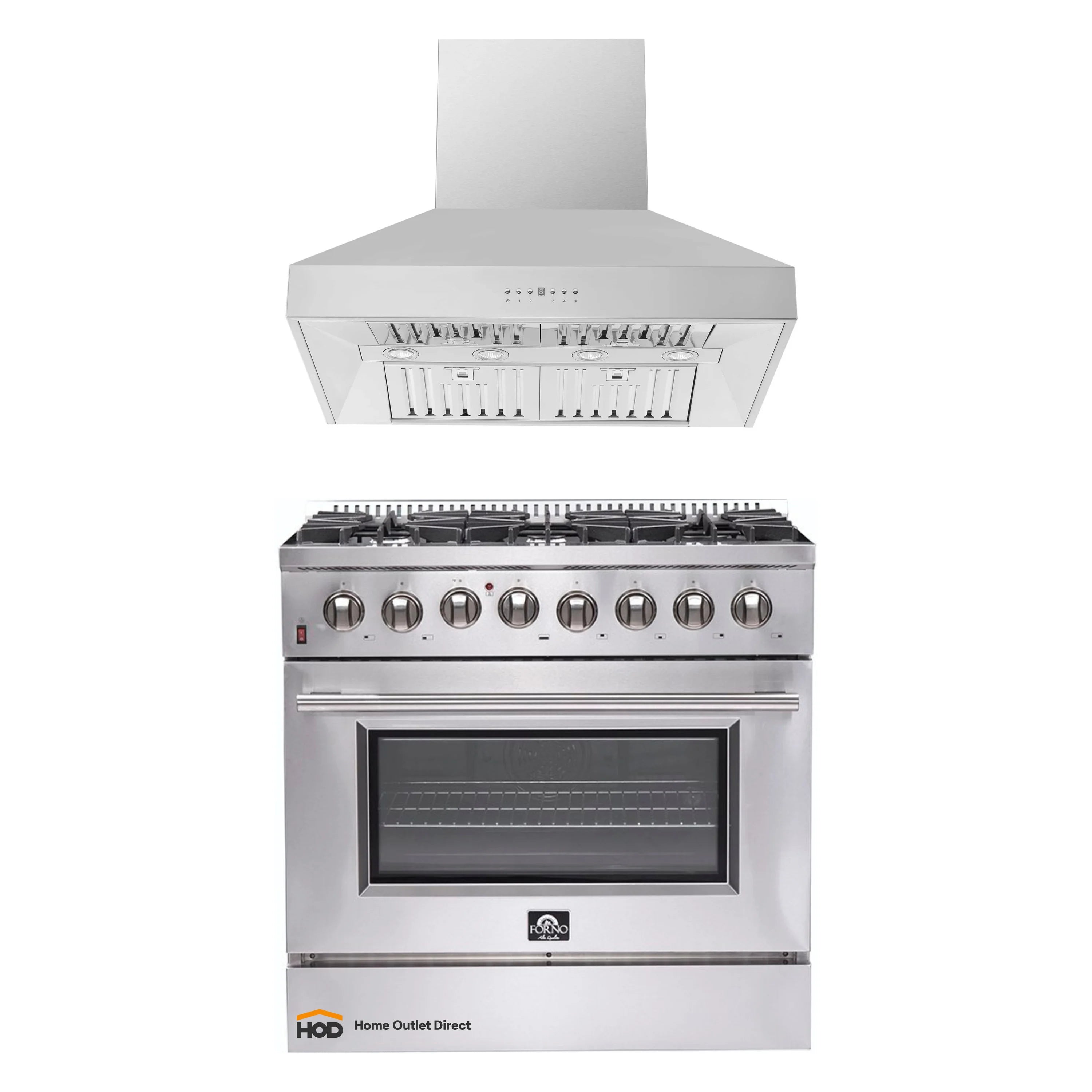 Stainless steel dual-fuel range with wall-mount hood above