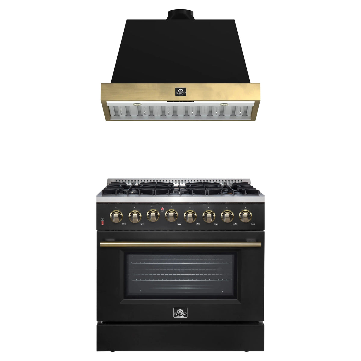 Forno Galiano 2-Piece Appliance Package - 36-Inch Dual Fuel Range & 36-Inch Wall Mount Range Hood in Black with Antique Brass Trim