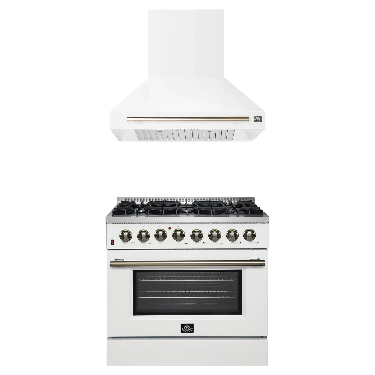 Forno Galiano 2-Piece Appliance Package - 36-Inch Dual Fuel Range & 36-Inch Wall Mount Range Hood in White with Antique Brass Trim
