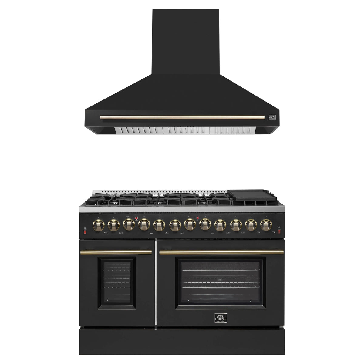 Forno Galiano 2-Piece Appliance Package - 48-Inch Dual Fuel Range & 48-Inch Wall Mount Range Hood in Black with Antique Brass Trim